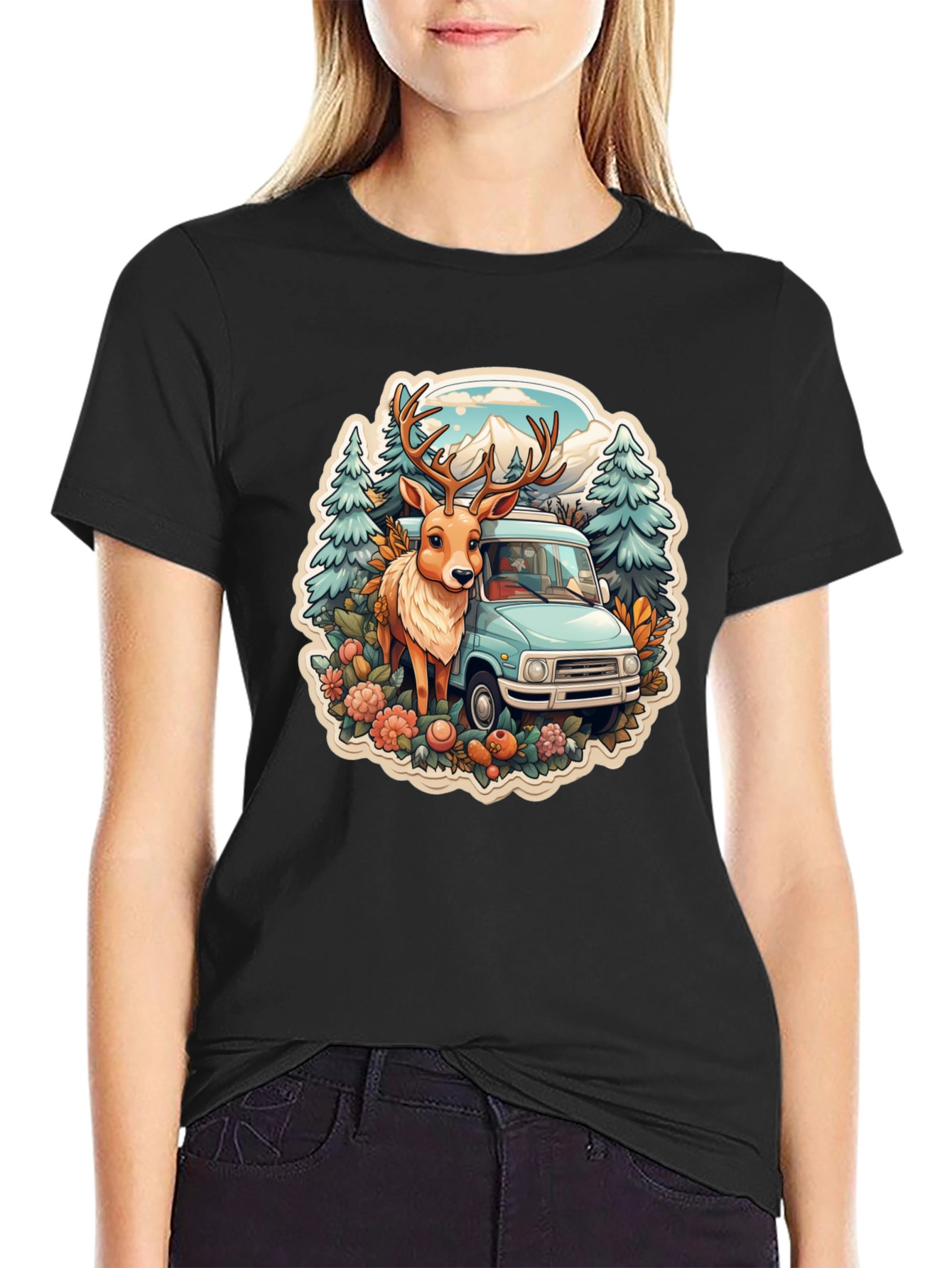 Black Deer & Camper Van Graphic Tee view 2