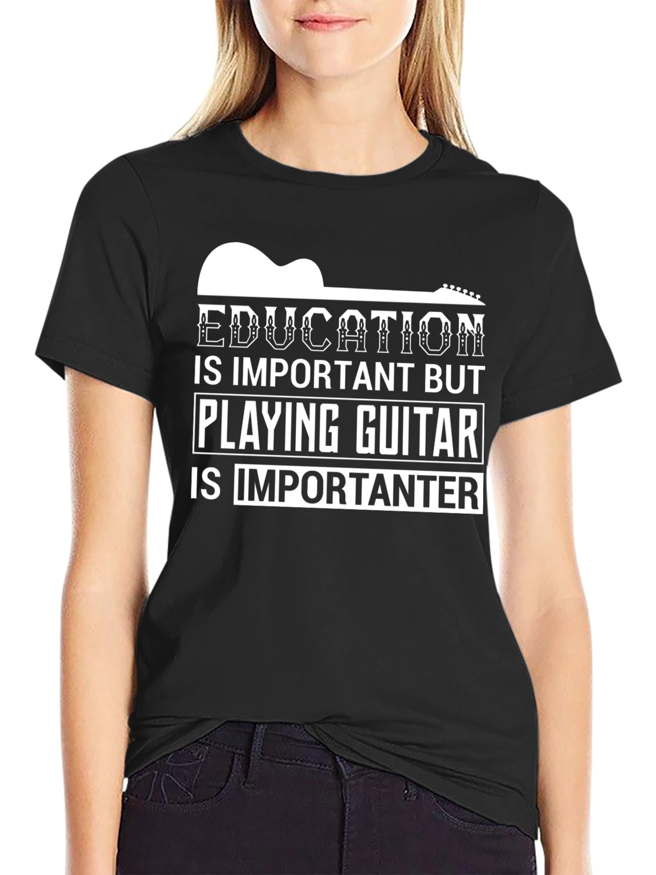 Black Guitar Player T-Shirt - Education vs. Guitar view 2
