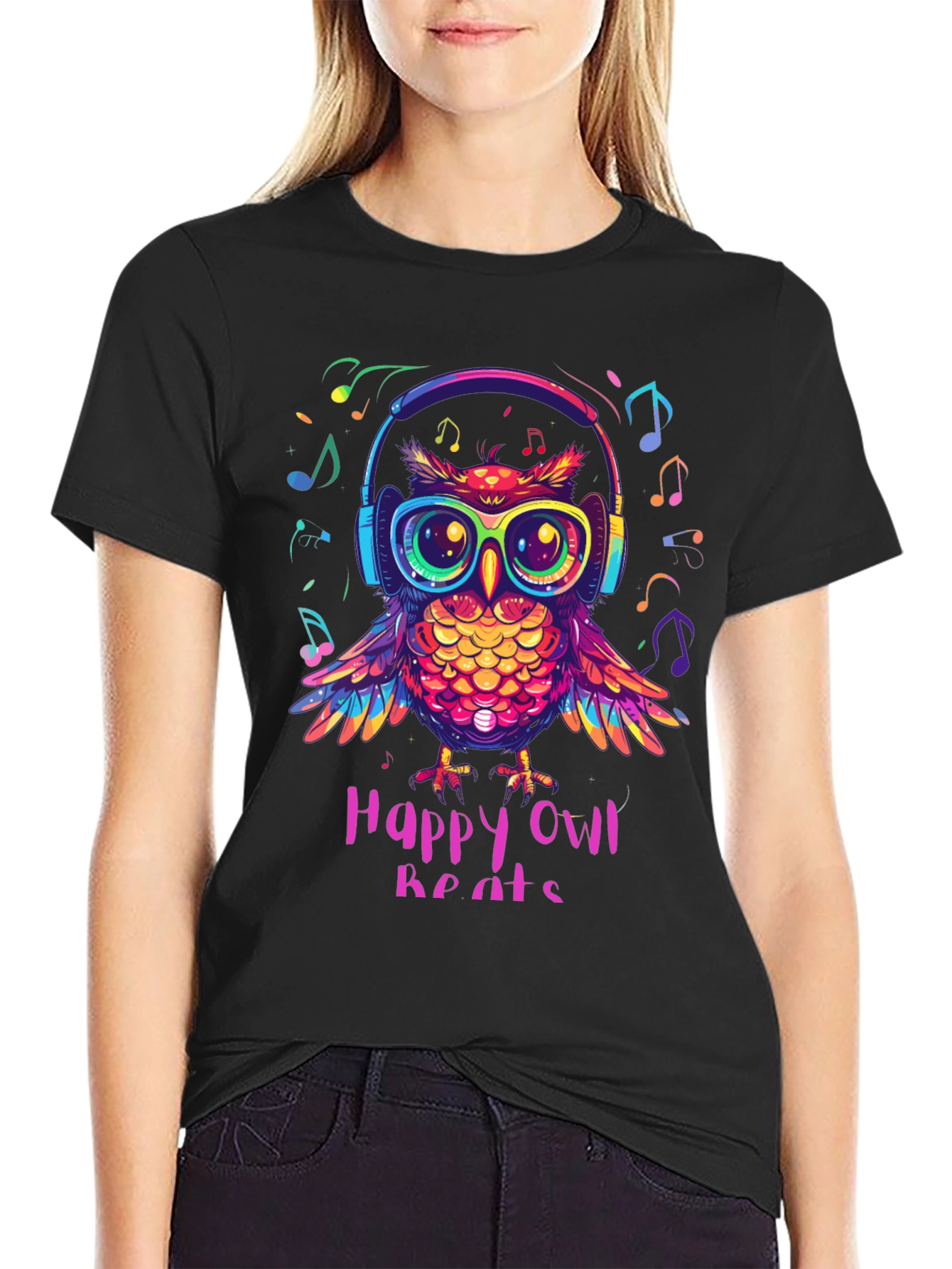 Black Happy Owl Beats T-Shirt - Colorful Music Lover Tee view 2
