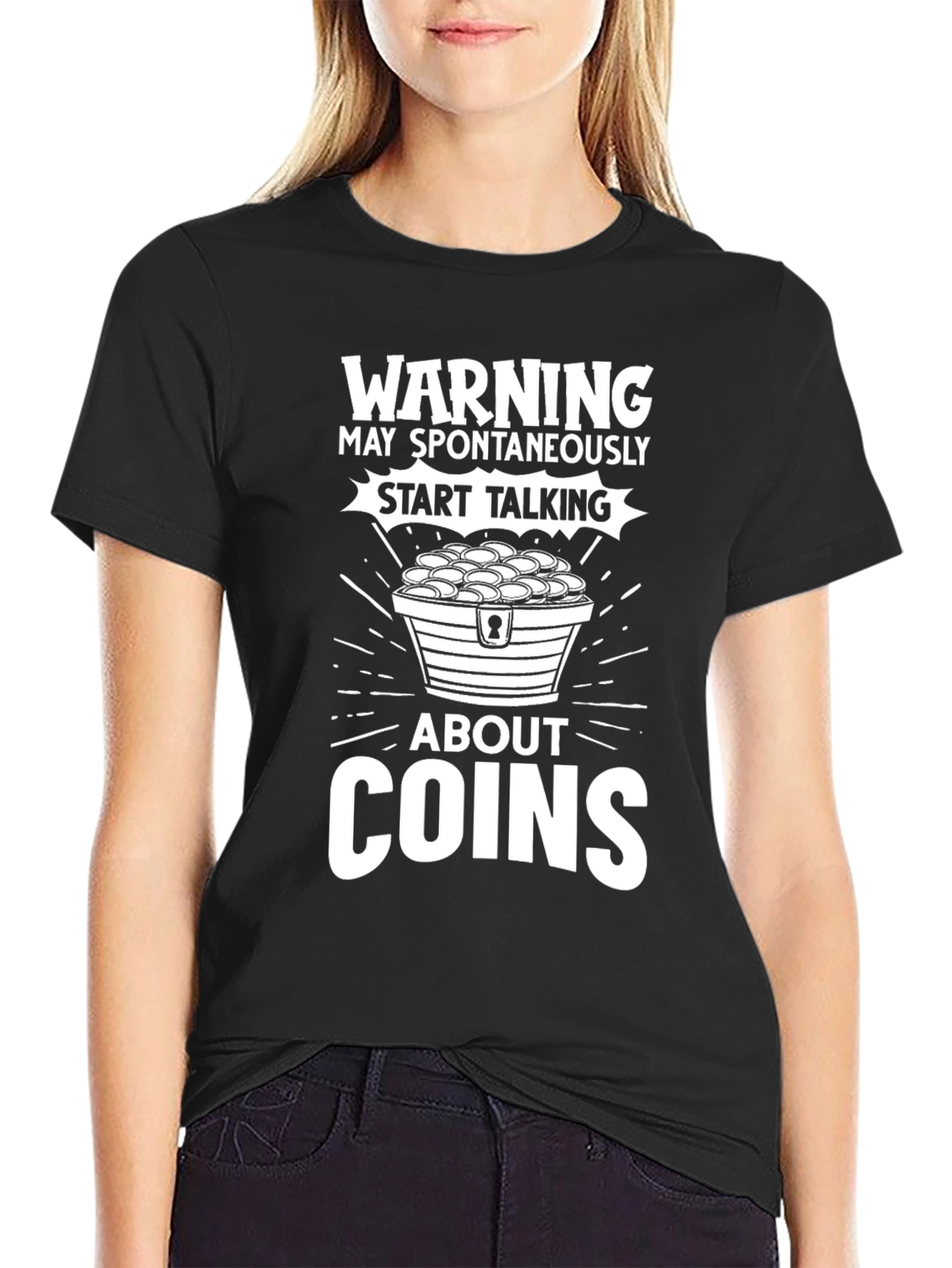 Black Warning: May Spontaneously Talk About Coins T-Shirt view 2
