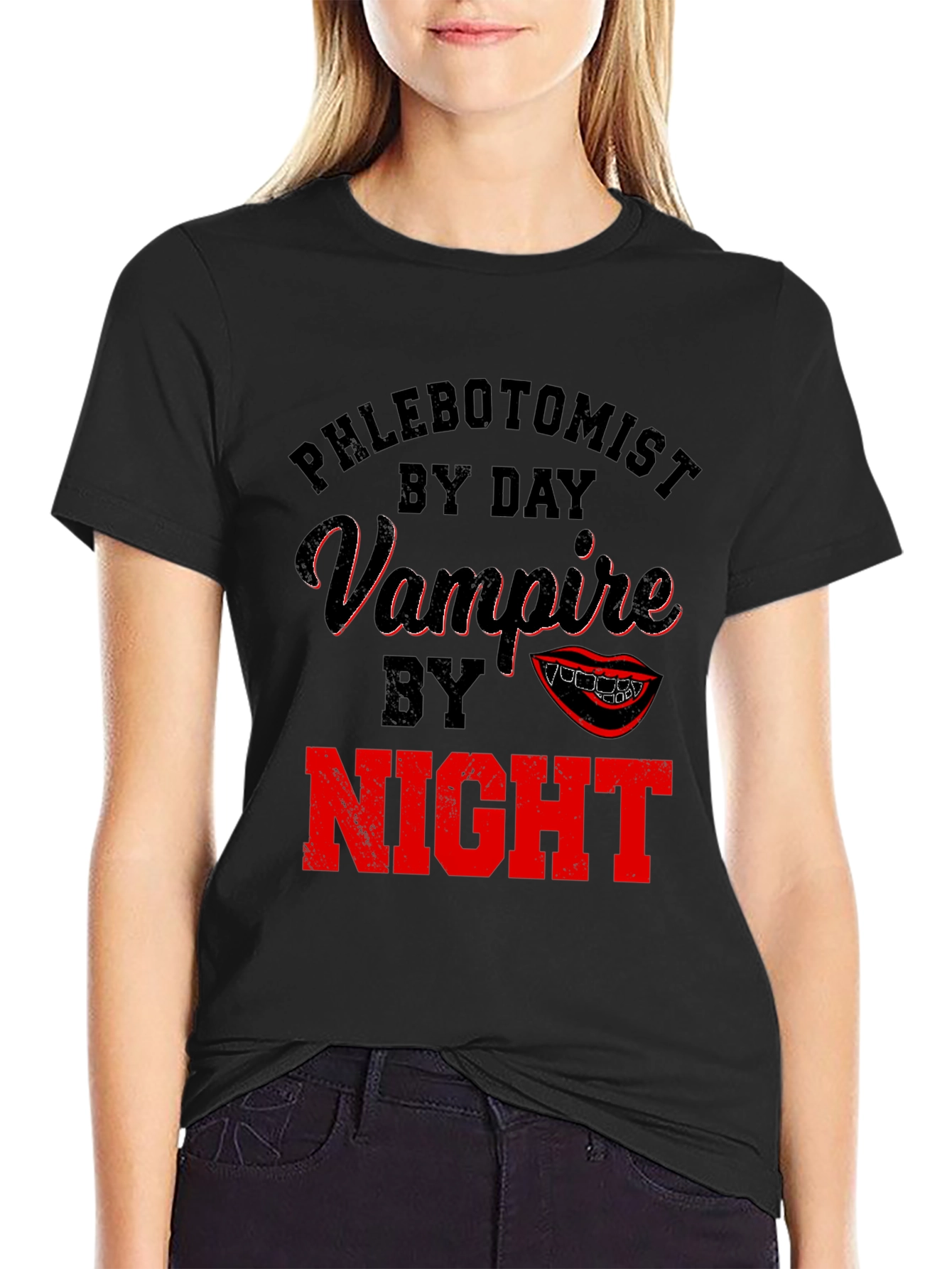 Black Phlebotomist By Day Vampire By Night Novelty T-Shirt view 2