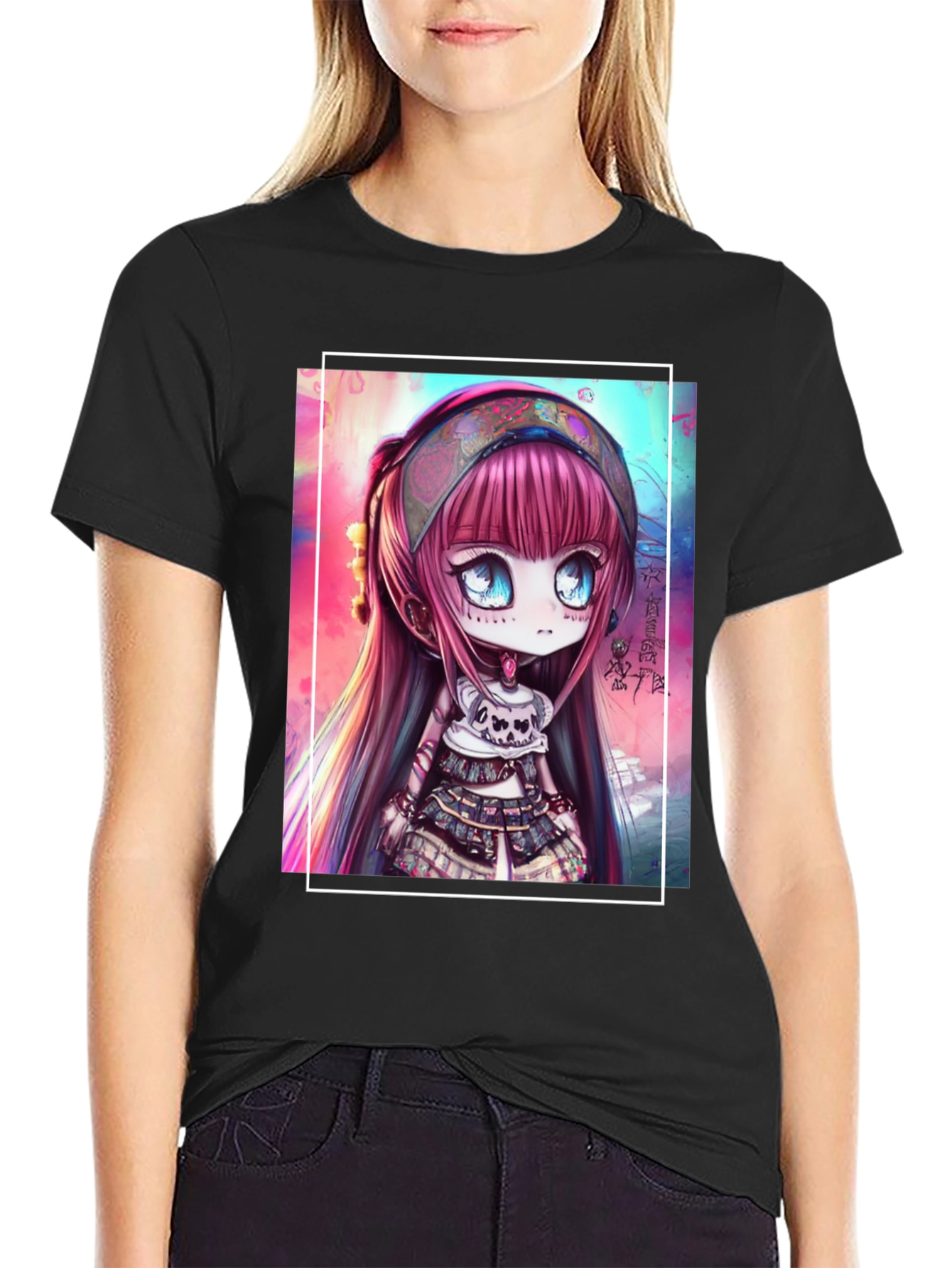 Black Anime Girl Graphic Black T-Shirt view 2