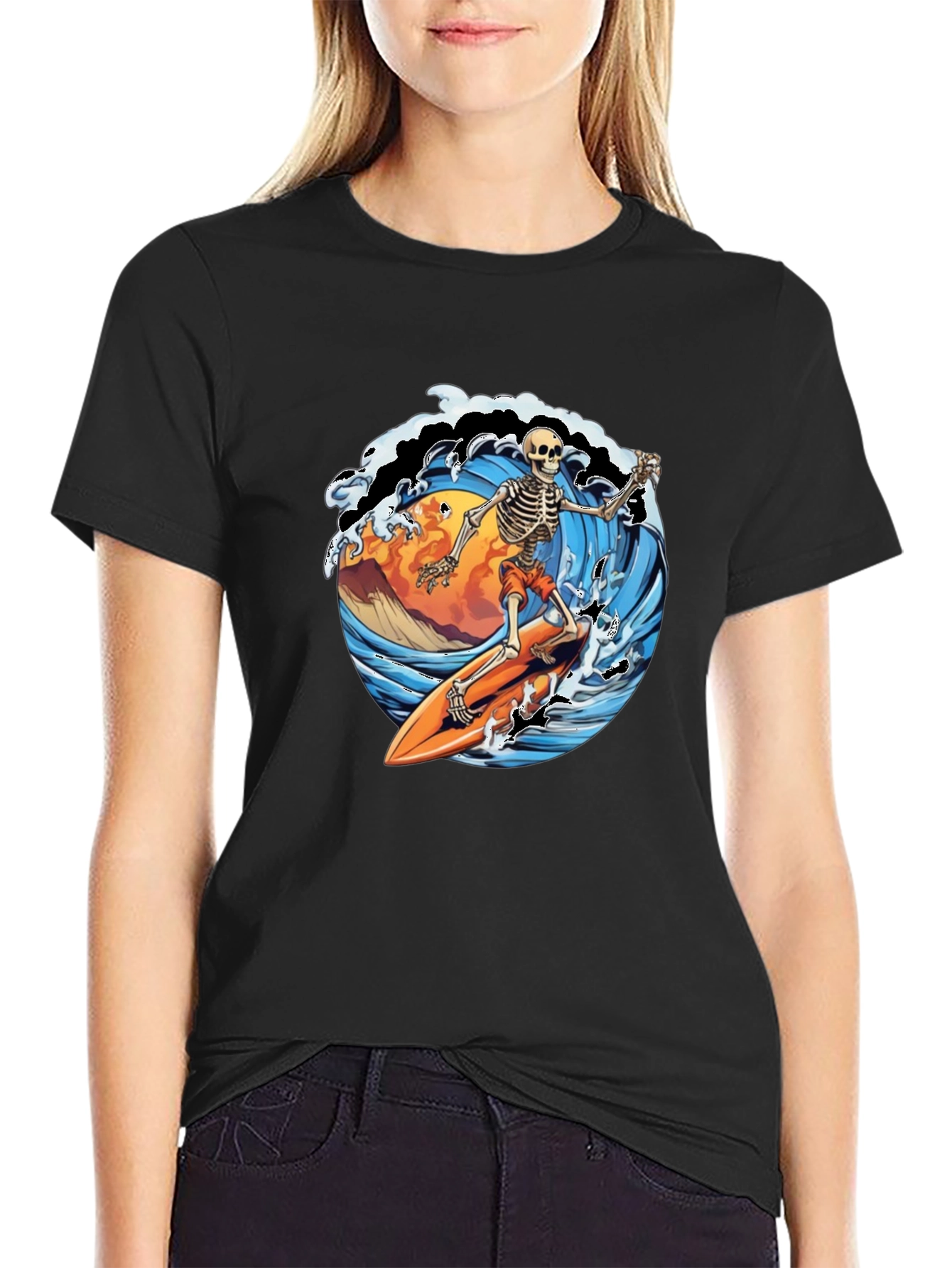 Black Skeleton Surfer Graphic Tee - Ride the Wave in Style! view 2