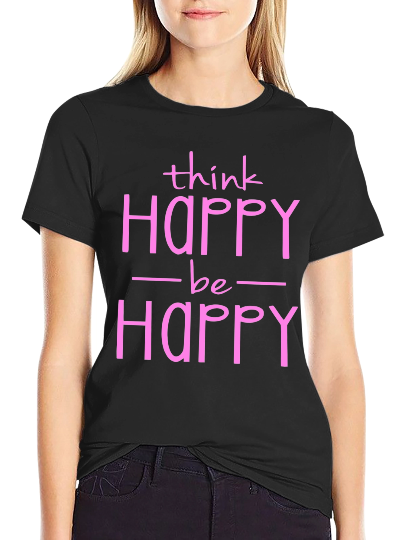 Black Think Happy Be Happy Graphic Tee view 2