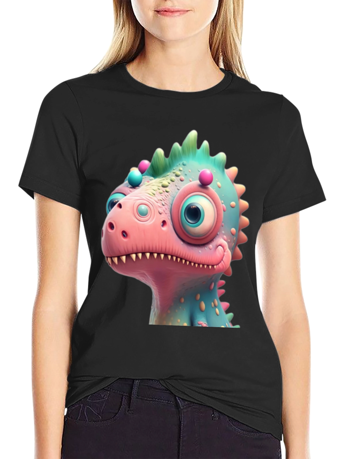 Black Cartoon Dinosaur Graphic Tee - Fun Black T-Shirt view 2