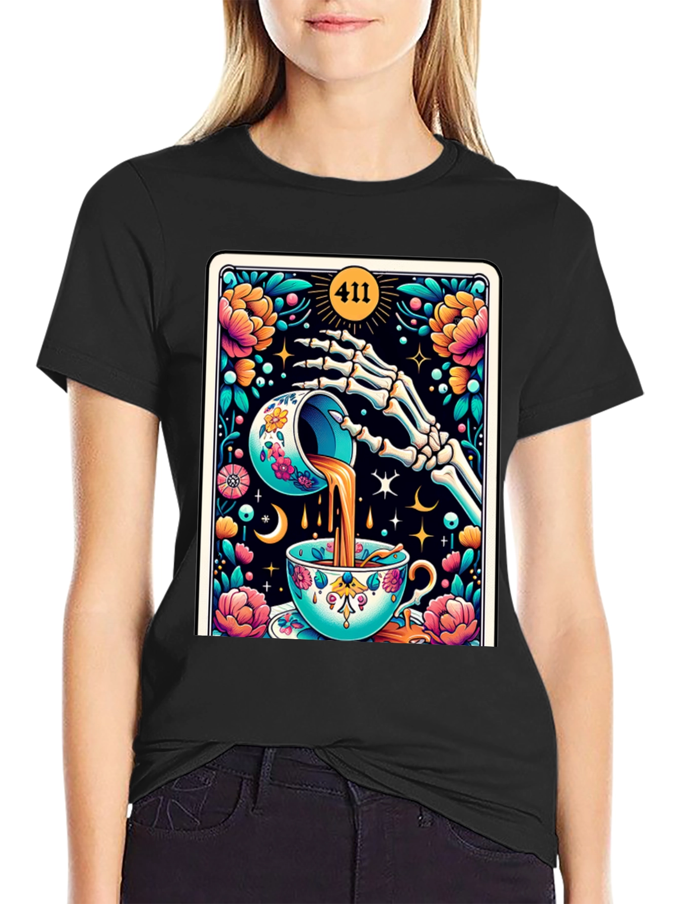 Black Floral Skeleton Tea Cup Tarot Graphic Tee view 2