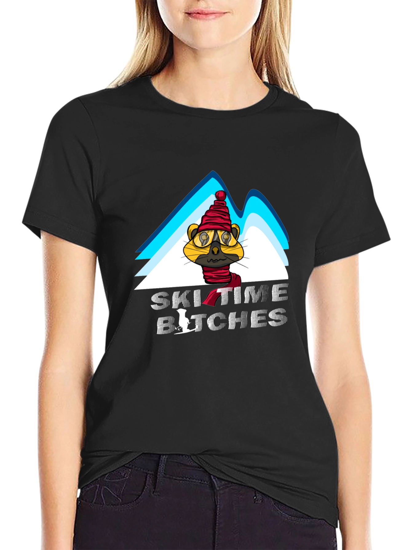 Black Ski Time Tee - Cartoon Animal Design view 2