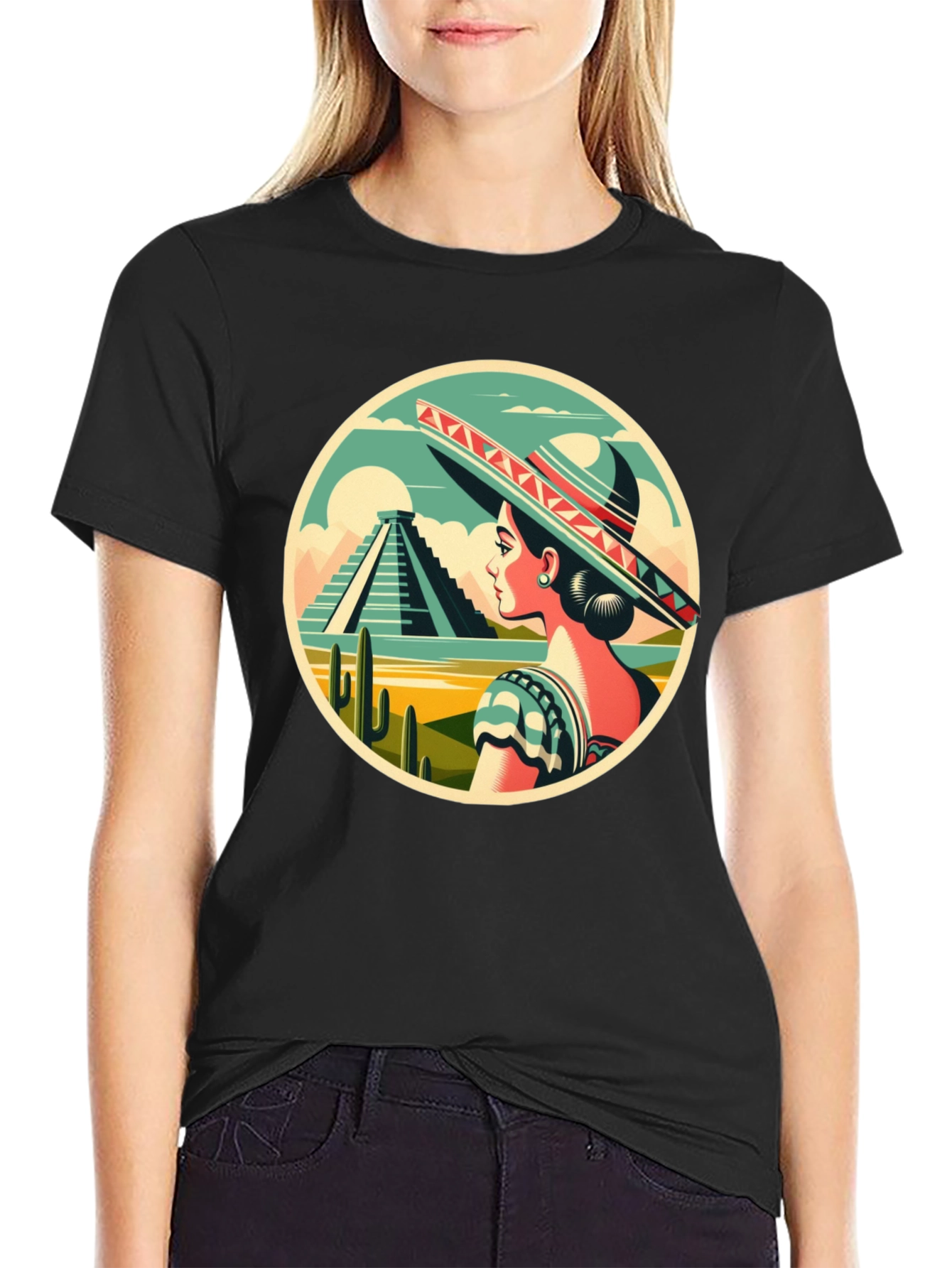 Black Mexican Culture T-Shirt - Sombrero Lady view 2