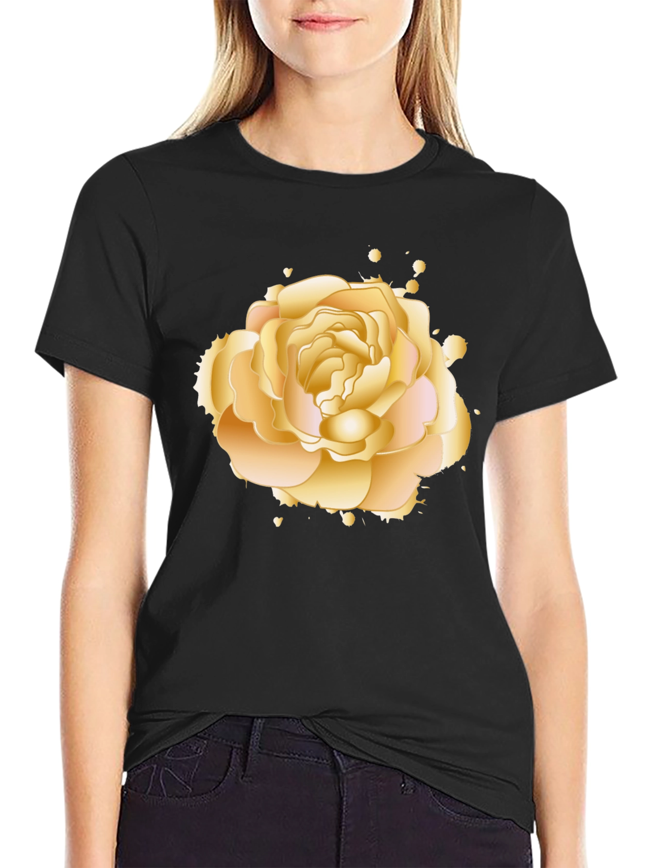 Black Golden Rose Graphic Tee - Elegant Floral Design view 2