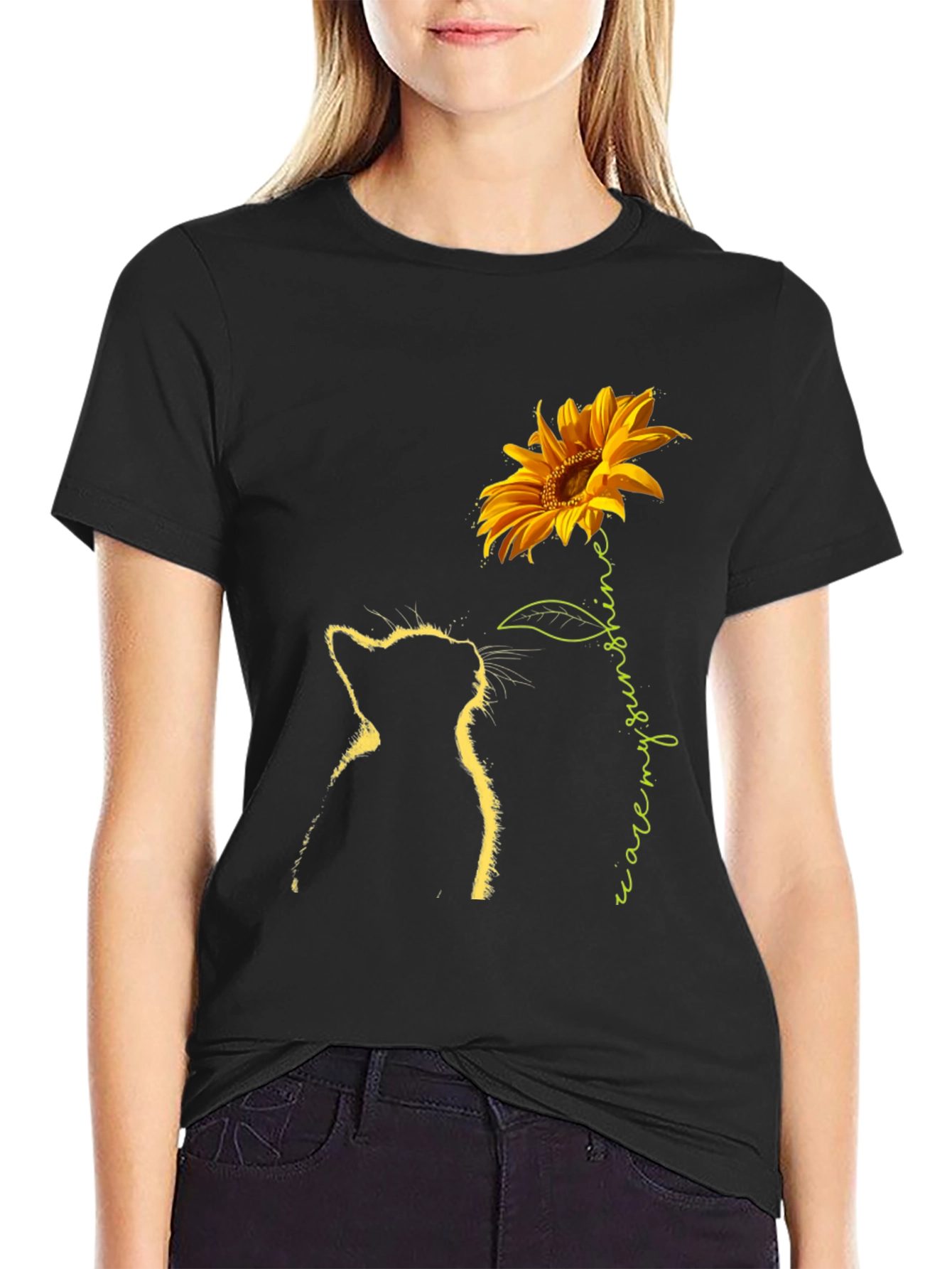 Black Cat & Sunflower Graphic Tee - Black view 2
