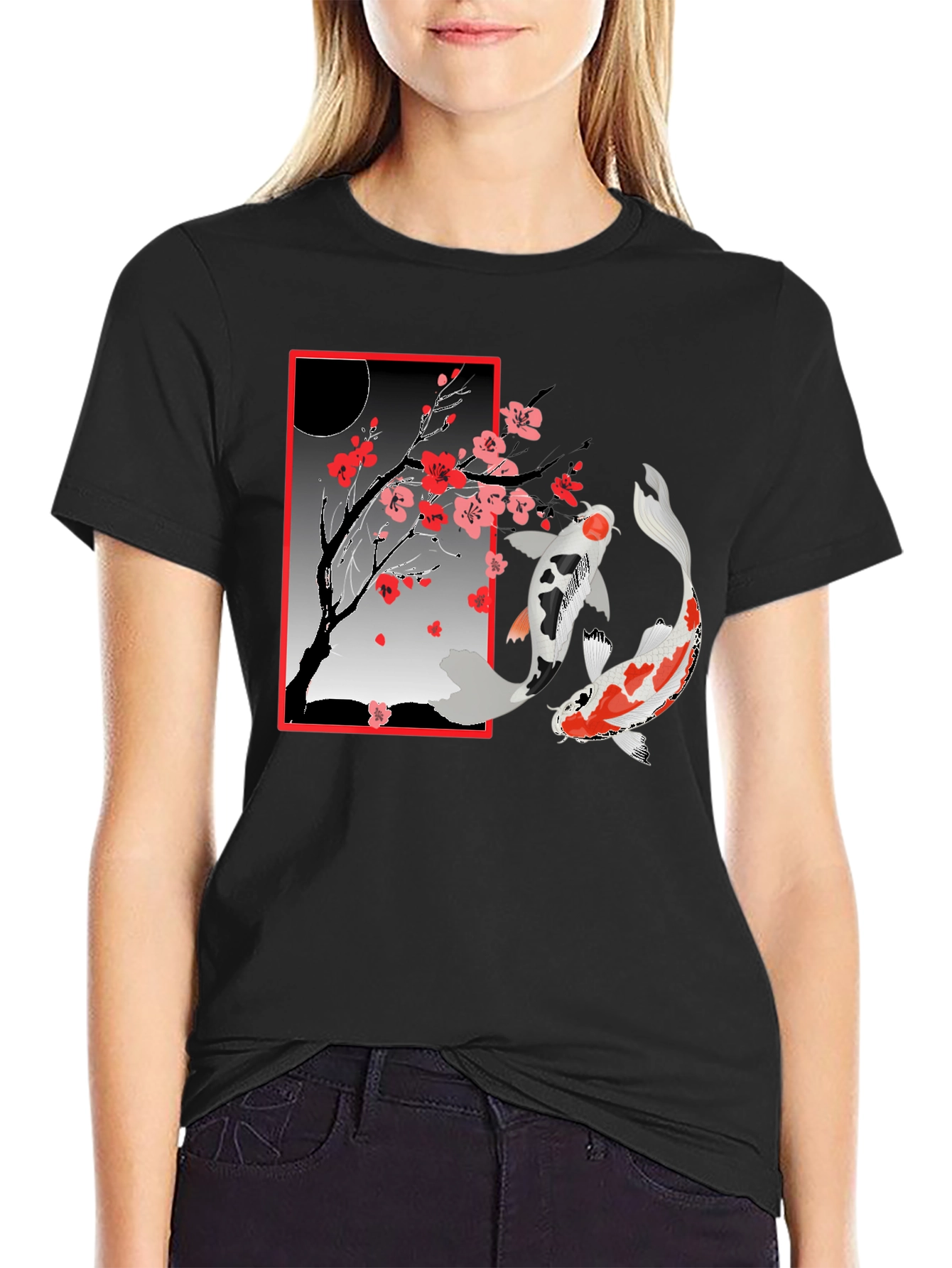 Black Koi Fish Cherry Blossom T-Shirt view 2