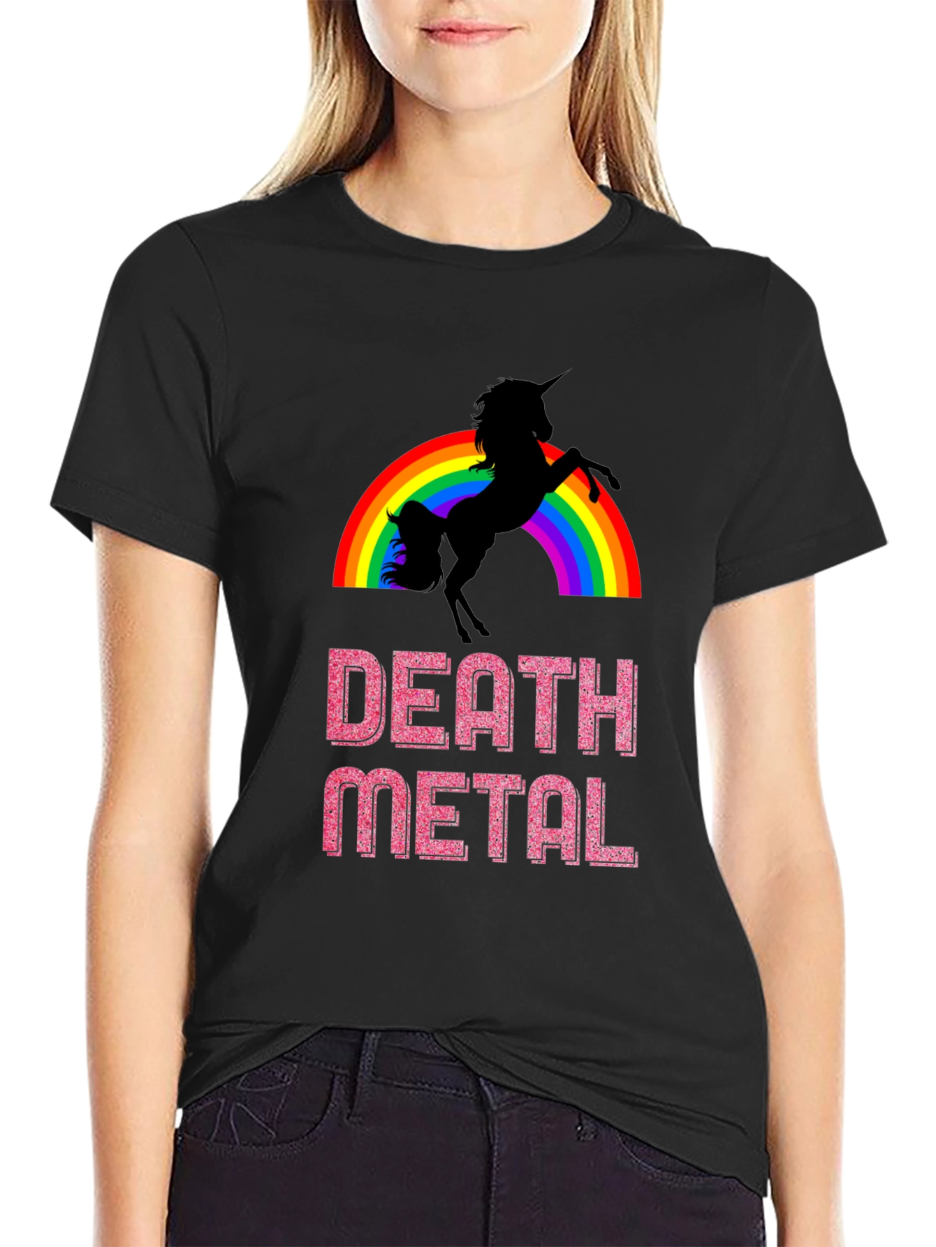 Black Death Metal Unicorn Rainbow Graphic Tee view 2