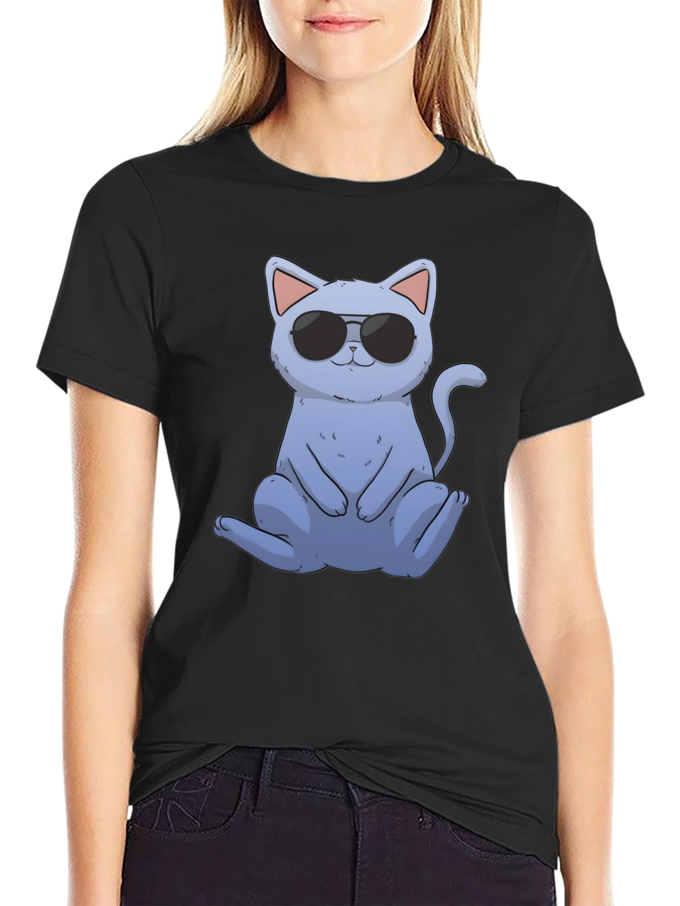 Black Cool Cat Graphic Tee - Black Casual T-Shirt view 2