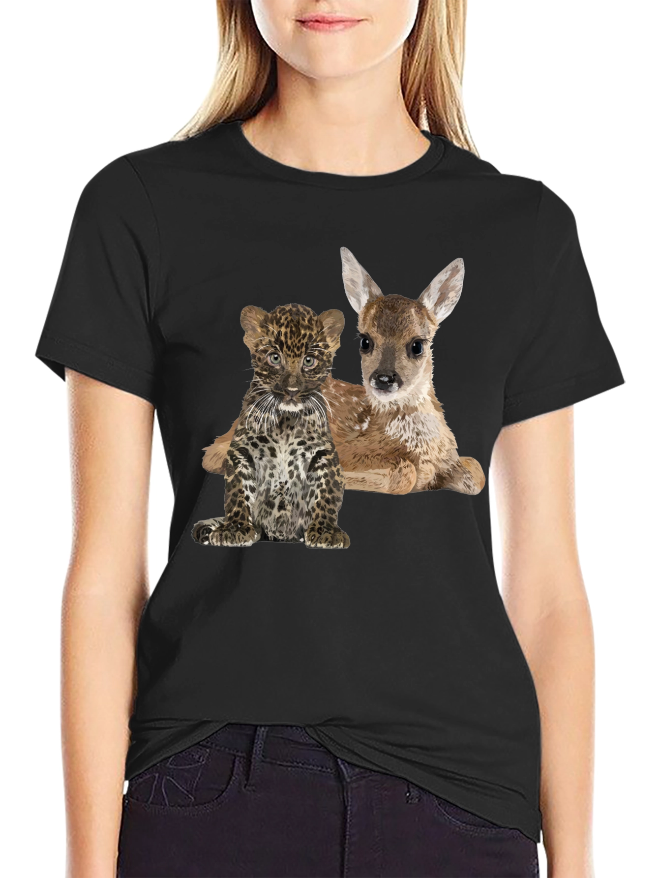 Black Cute Animal Graphic Tee - Deer and Leopard Cub view 2