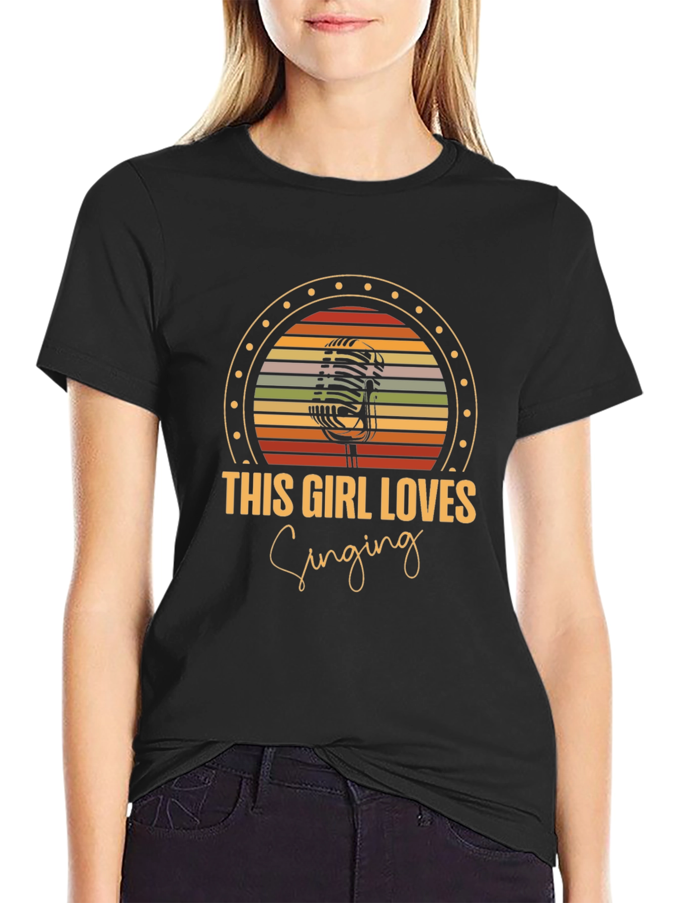Black This Girl Loves Singing Retro Microphone Graphic T-Shirt view 2
