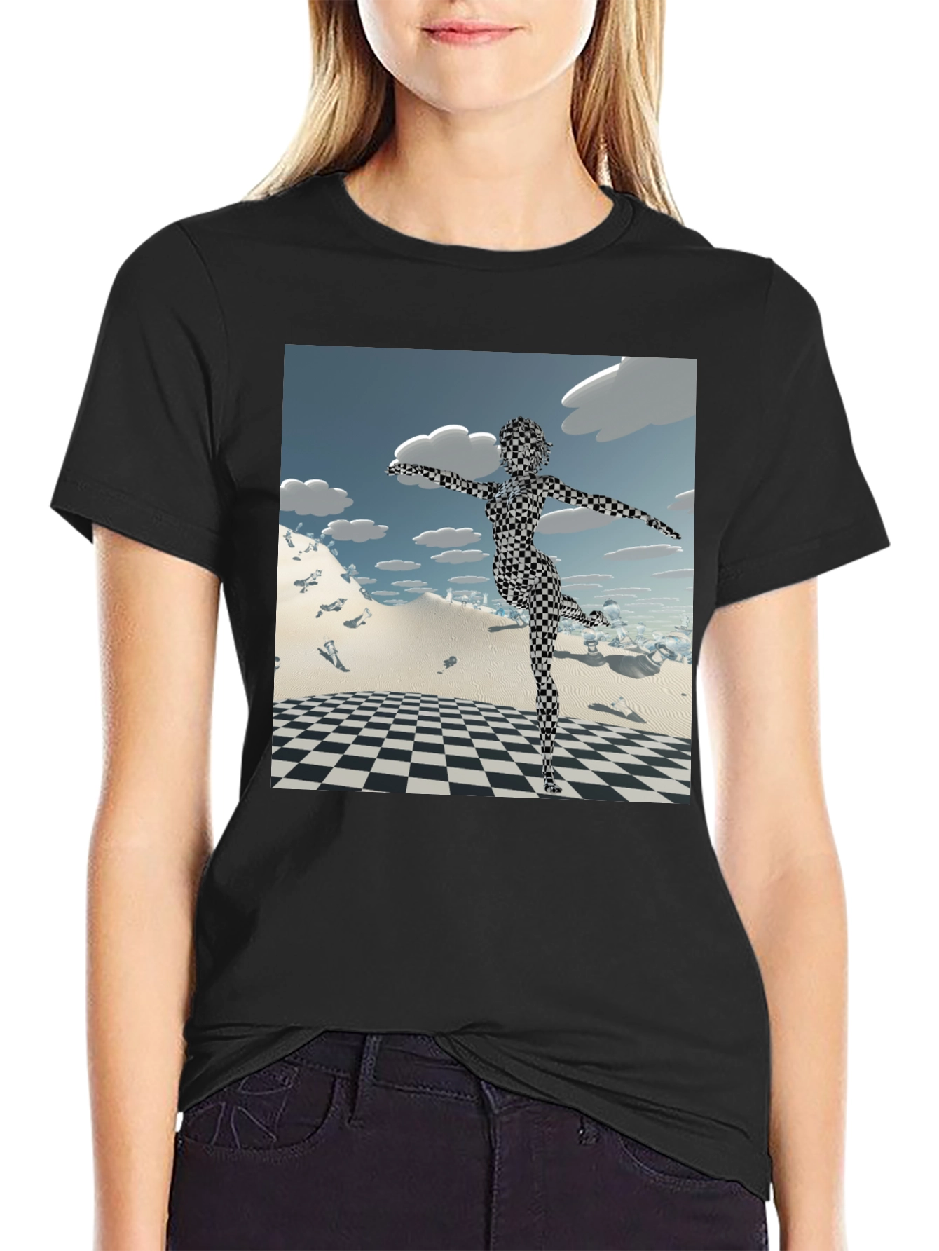 Black Abstract Black Tee: Checkered Figure view 2
