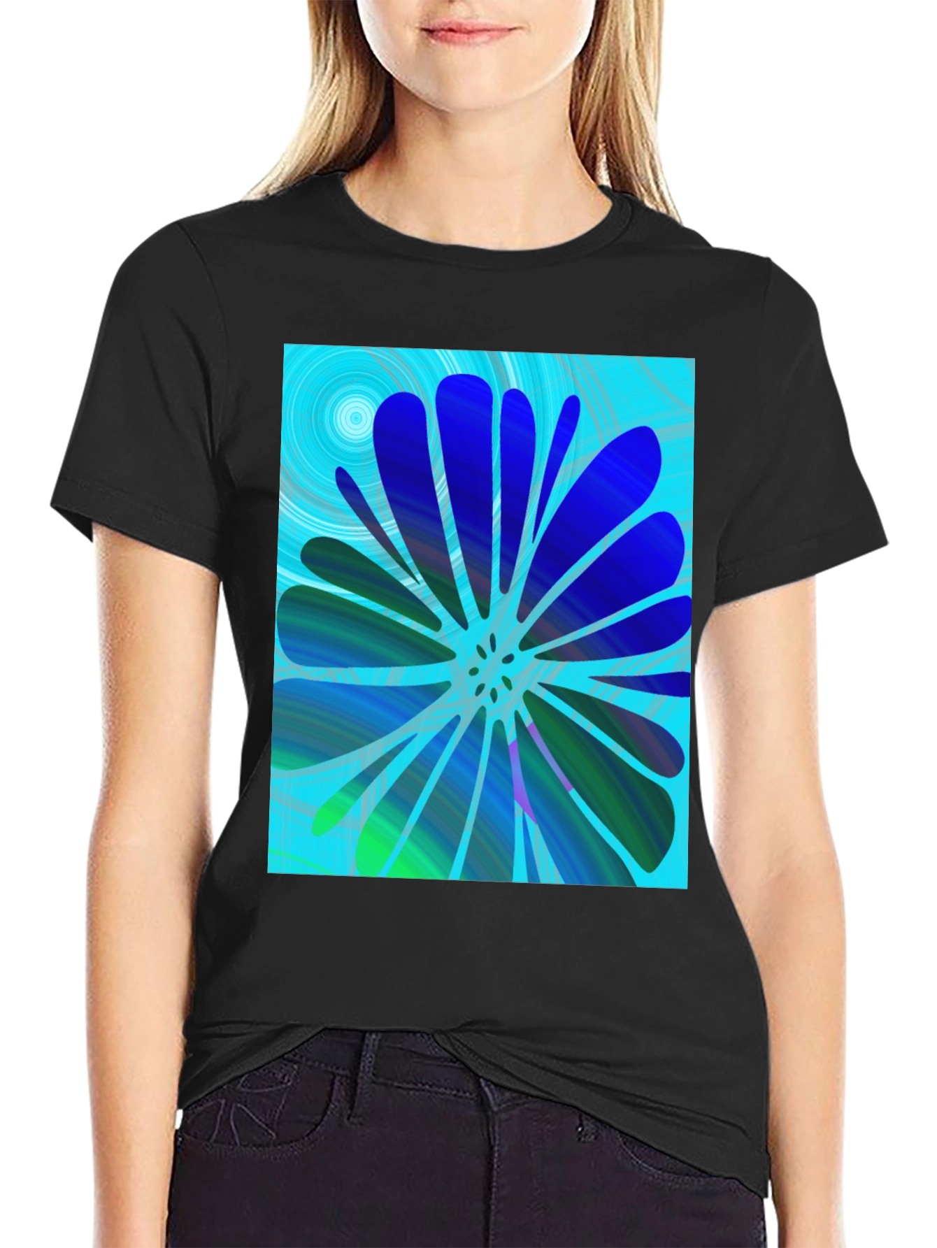 Black Abstract Flower Print T-Shirt view 2
