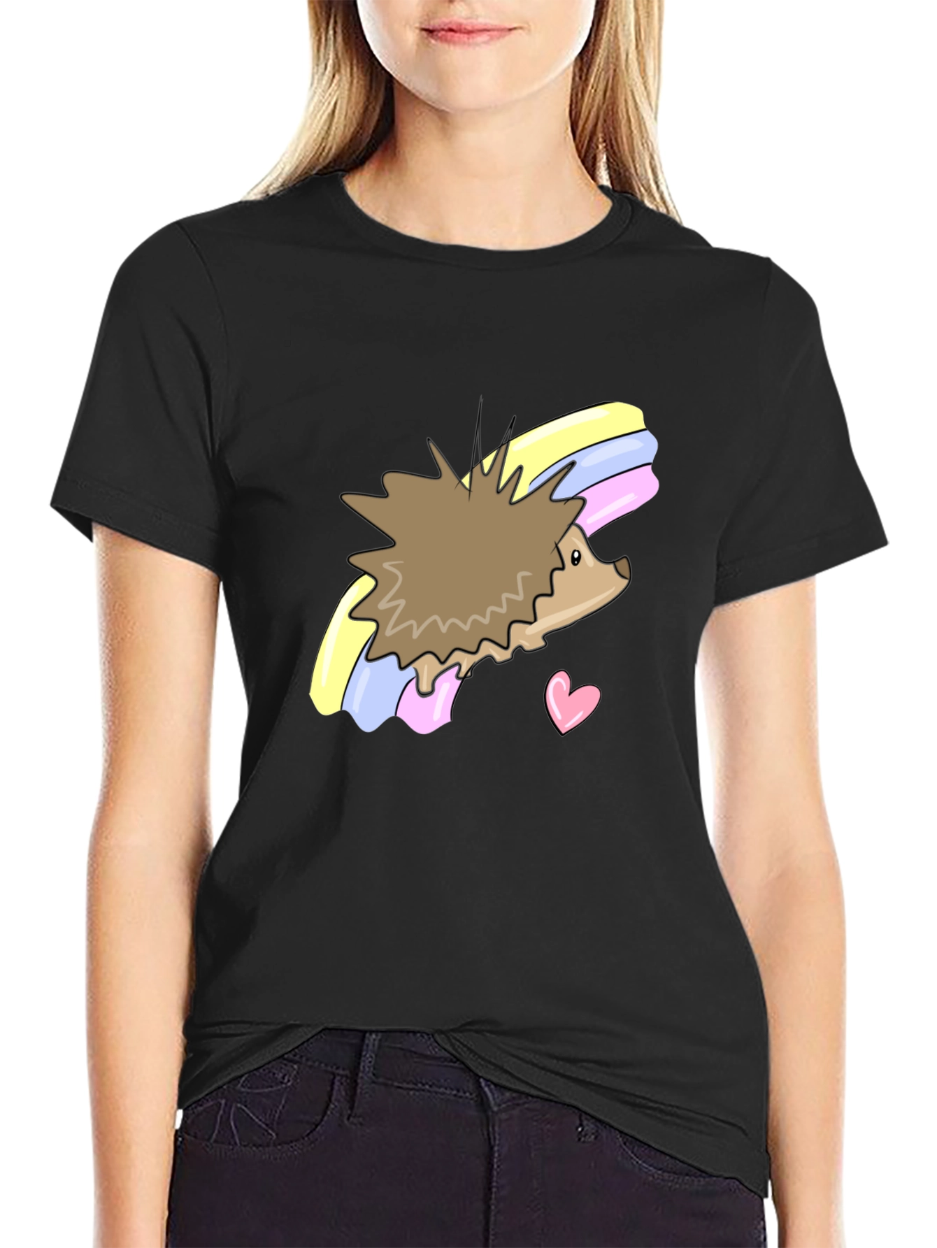 Black Cute Hedgehog Rainbow T-Shirt - Unisex view 2