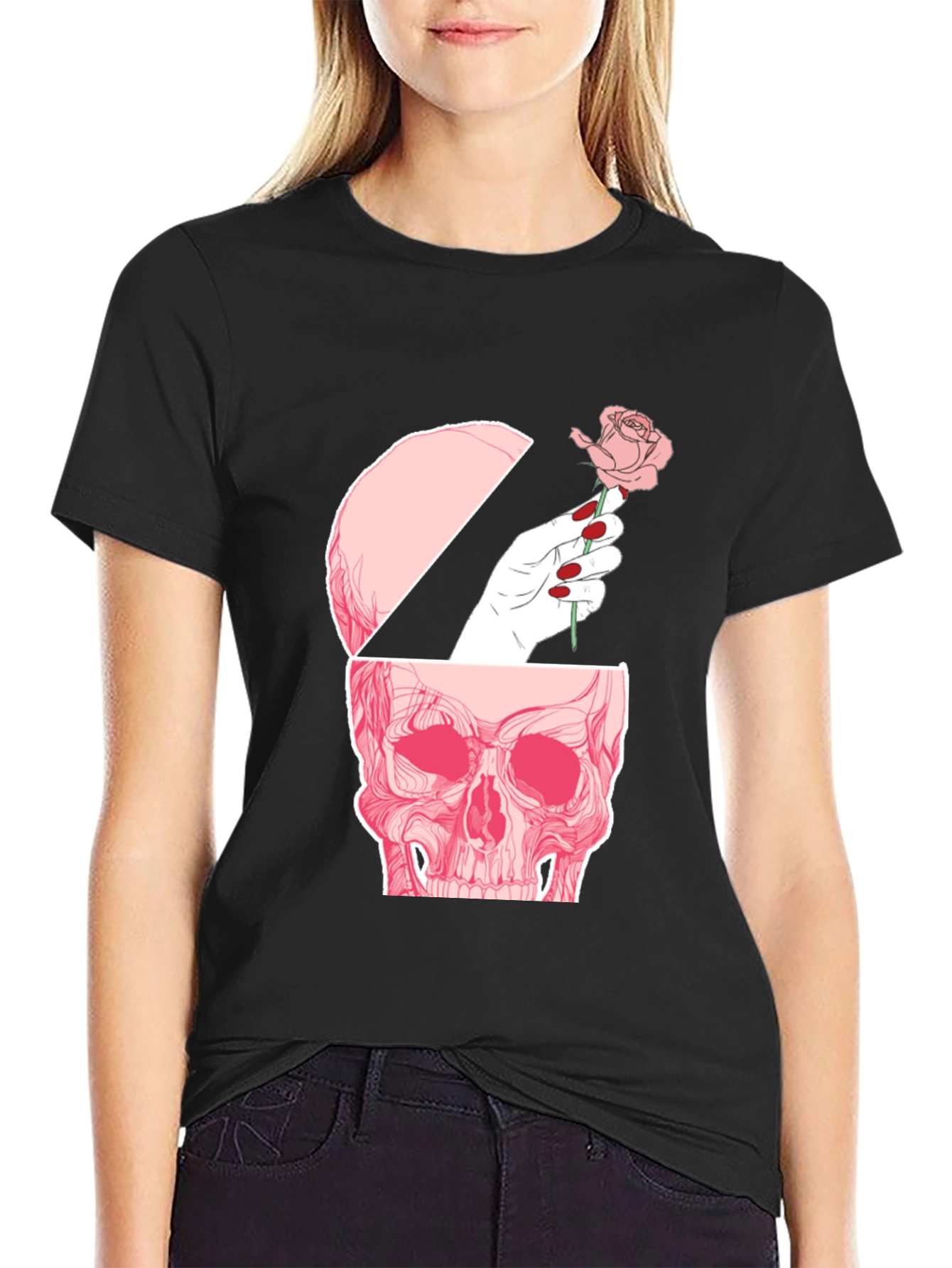 Black Skull and Rose Graphic Tee - Edgy Style view 2