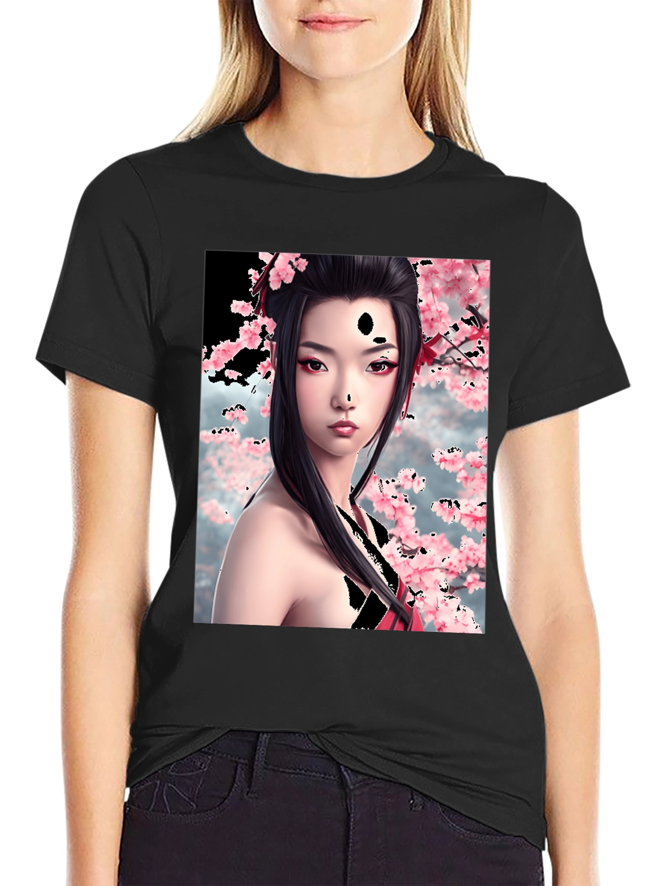 Black Geisha Cherry Blossom Graphic T-Shirt view 2