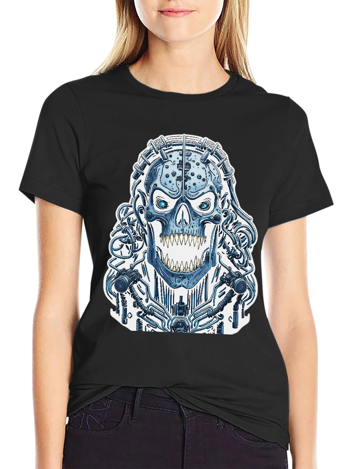 Black Cyberpunk Skull Graphic Tee - Black Cotton T-Shirt view 2