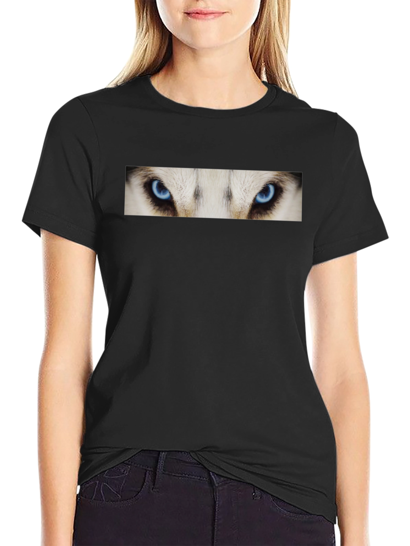 Black Black T-Shirt with Striking Wolf Eyes Graphic Print view 2