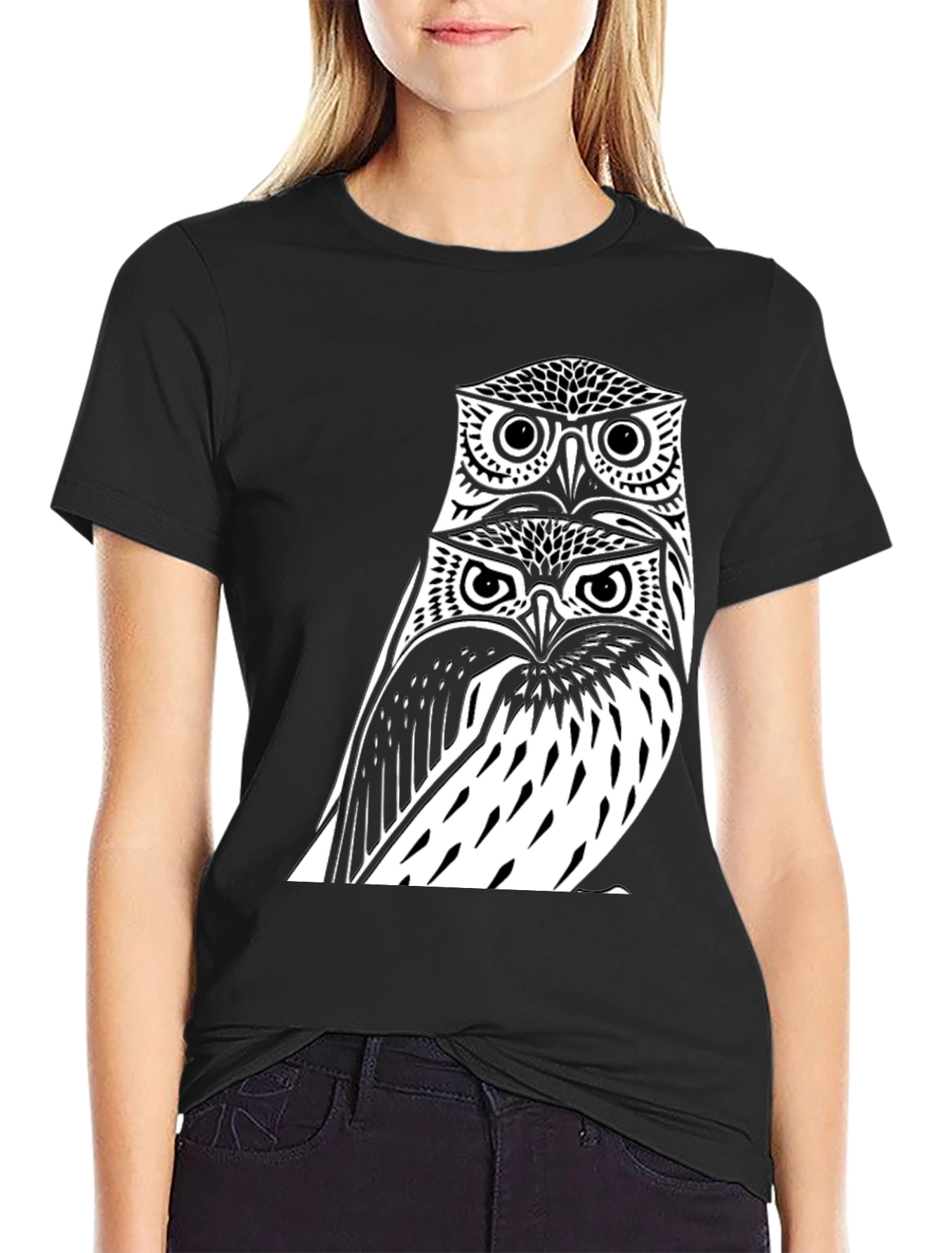 Black Stacked Owl Graphic Tee - Black Cotton Blend view 2