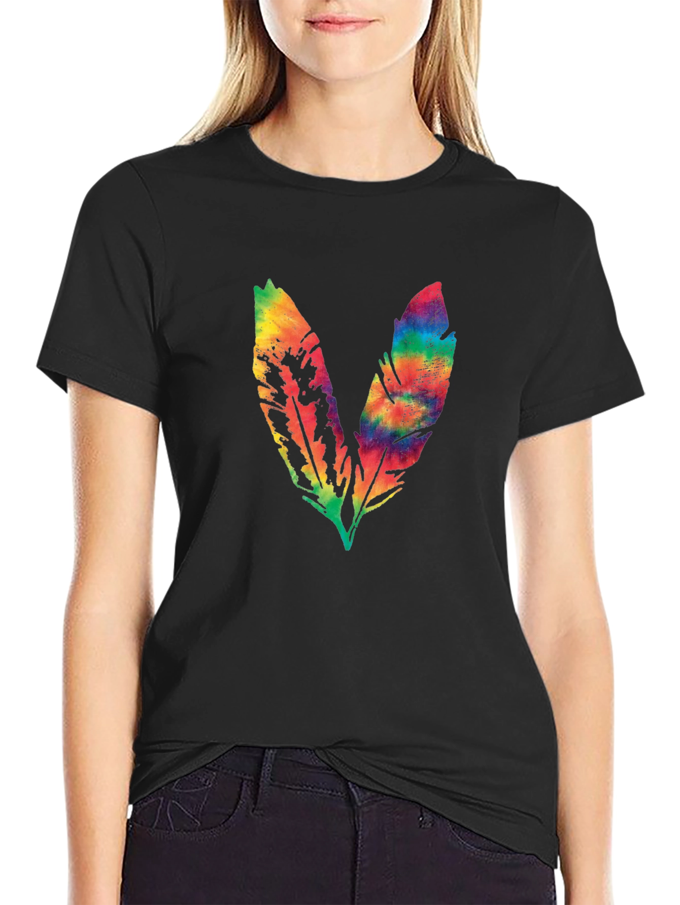 Black Rainbow Feather Graphic Tee - Soft Cotton Blend view 2