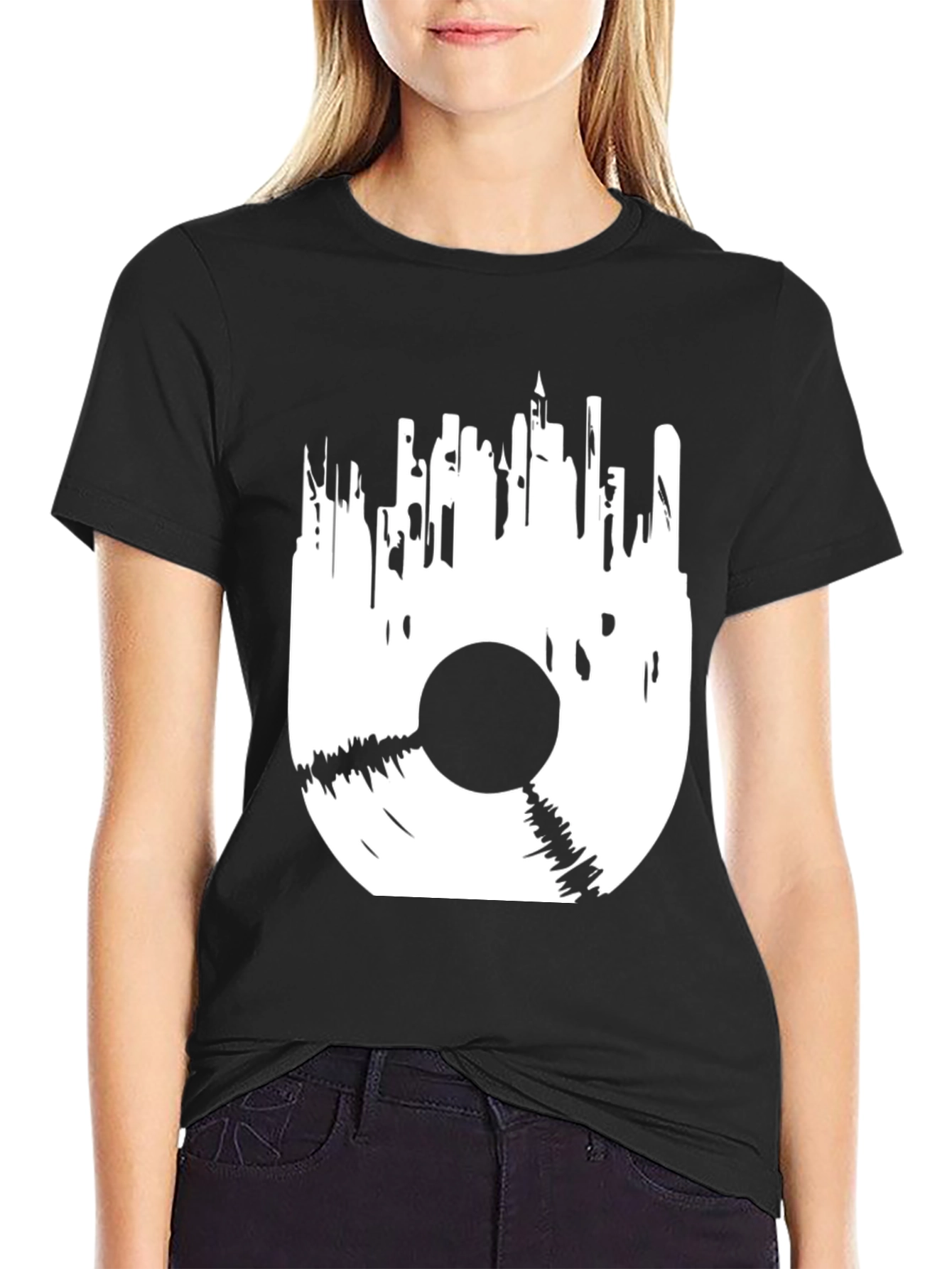Black Vinyl Cityscape Graphic Tee - Black Cotton Blend view 2