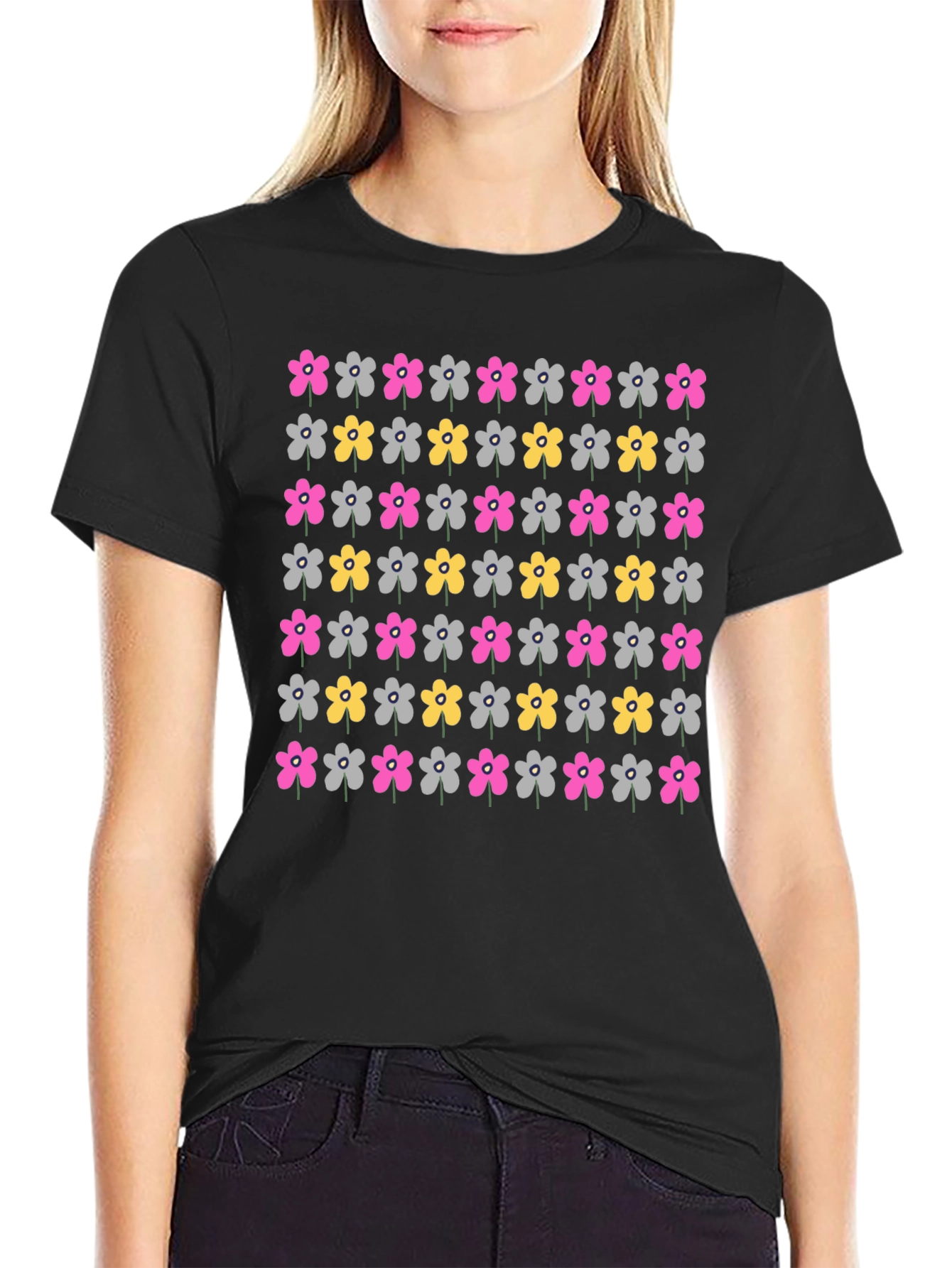 Black Floral Pattern T-Shirt view 2