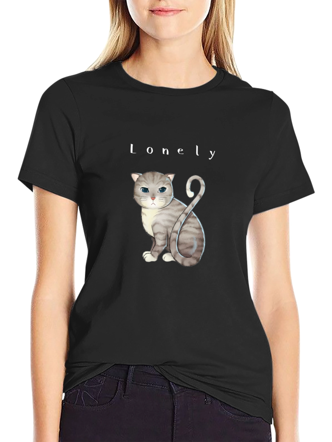 Black Lonely Cat Graphic T-Shirt - Soft Cotton Blend view 2