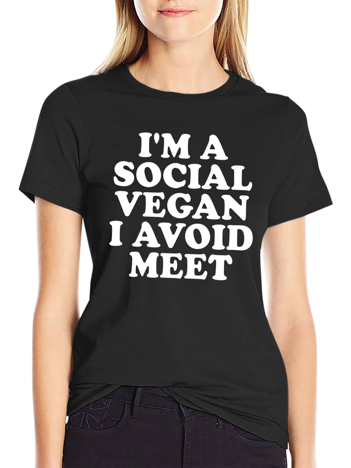 Black Social Vegan T-Shirt - Avoid Meet Funny Tee view 2