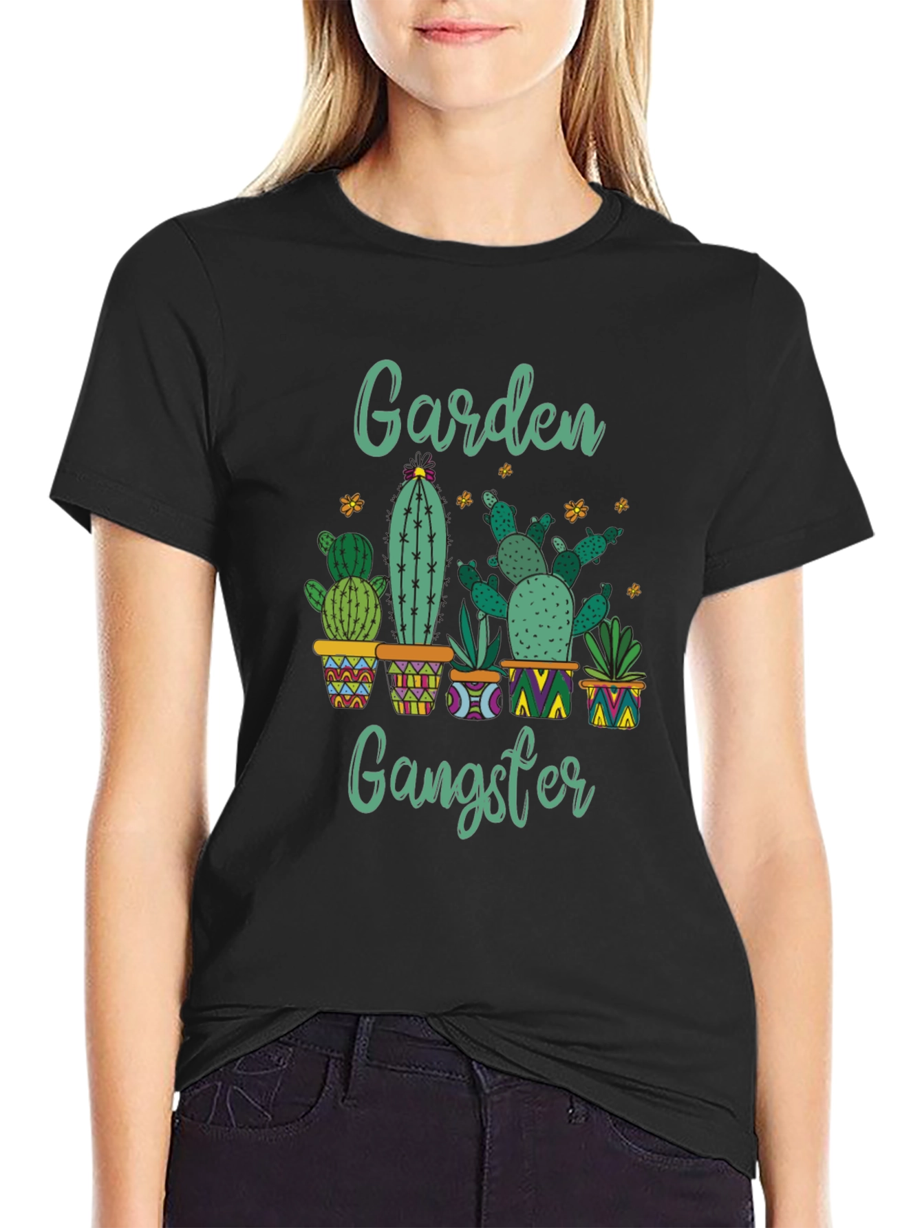 Black Garden Gangster Cactus T-Shirt - Quirky Plant Lover Tee view 2