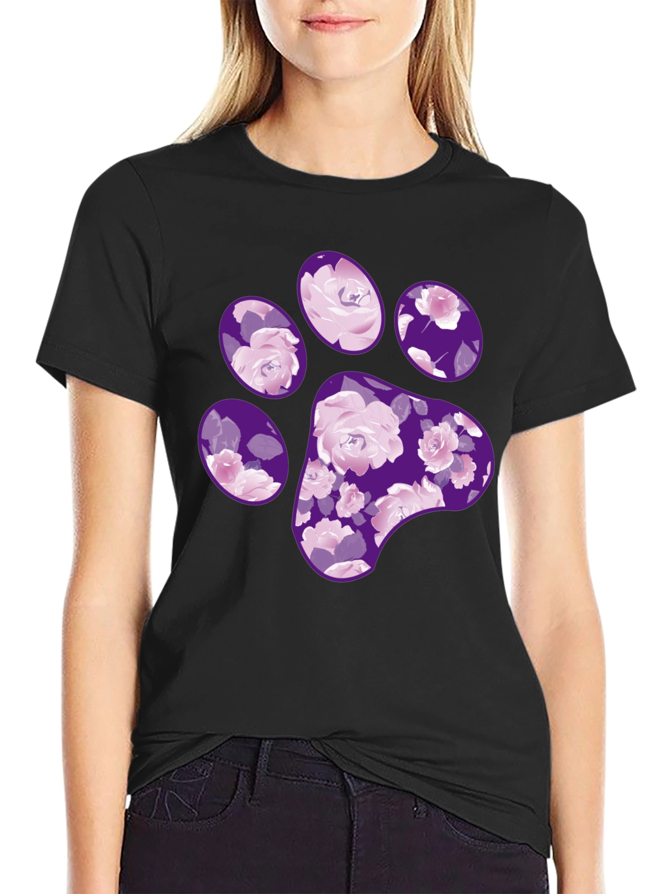 Black Floral Paw Print T-Shirt - Black Casual Tee view 2