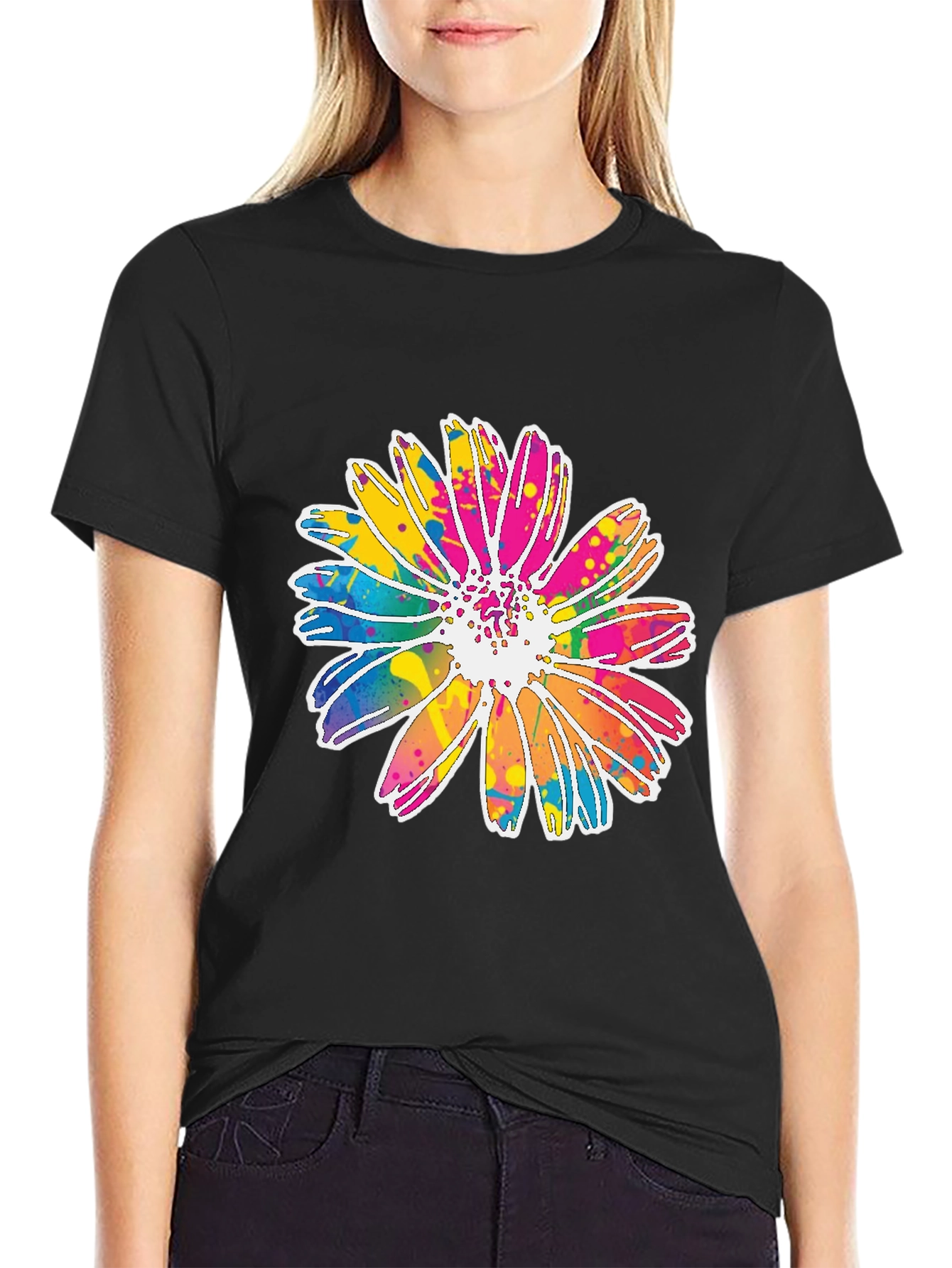 Black Colorful Daisy Graphic Tee - Soft Cotton Blend view 2