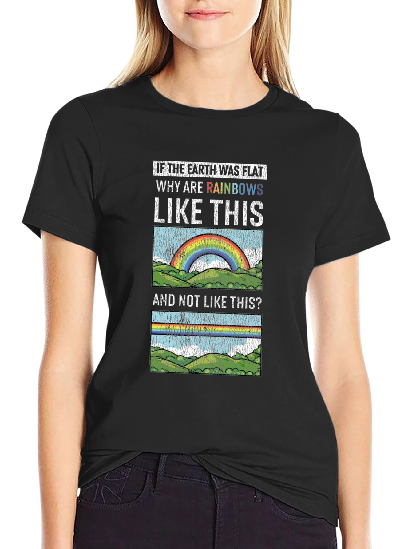 Black Flat Earth Rainbows Graphic T-Shirt view 2