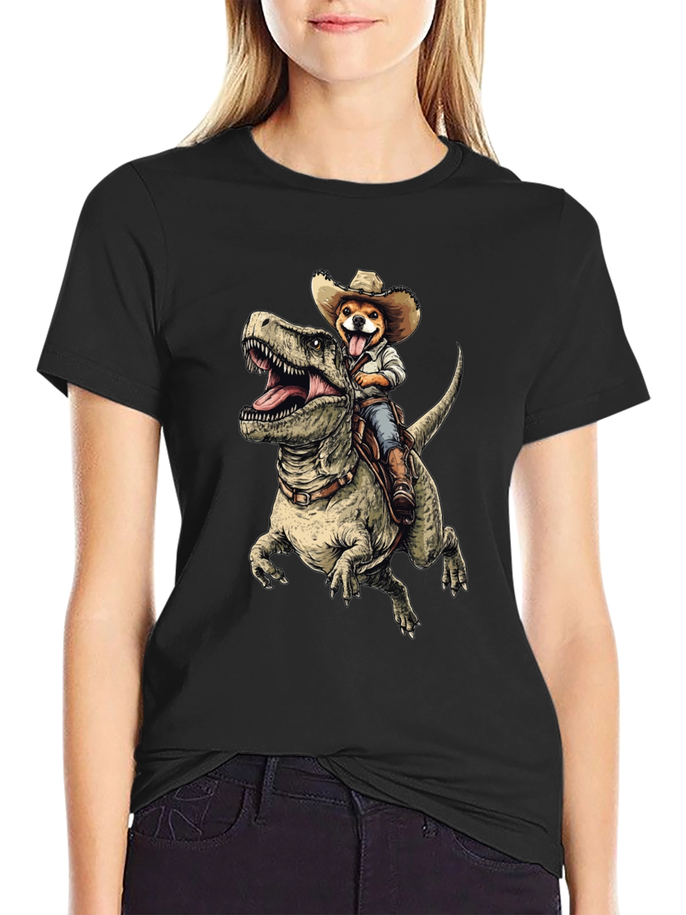 Black Dino Rider Dog T-Shirt - Funny Cowboy Pet Tee view 2