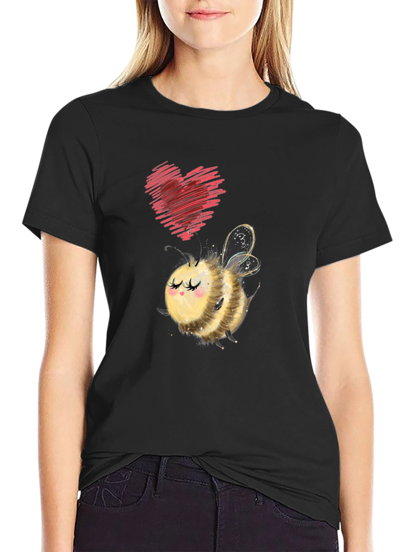 Black Cute Bee & Heart Graphic Black T-Shirt view 2
