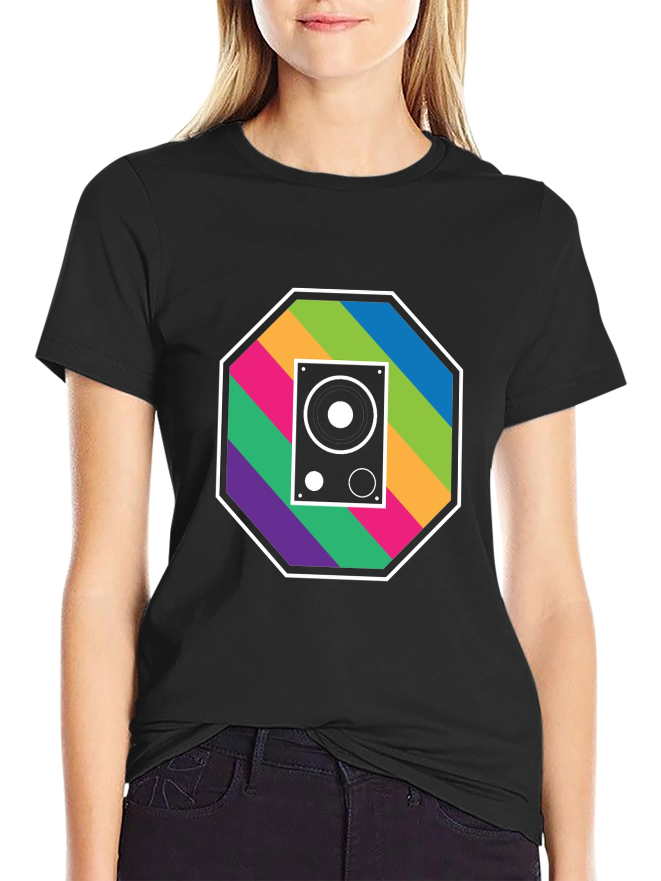 Black Retro Speaker Graphic Tee - Music Lover's T-Shirt view 2