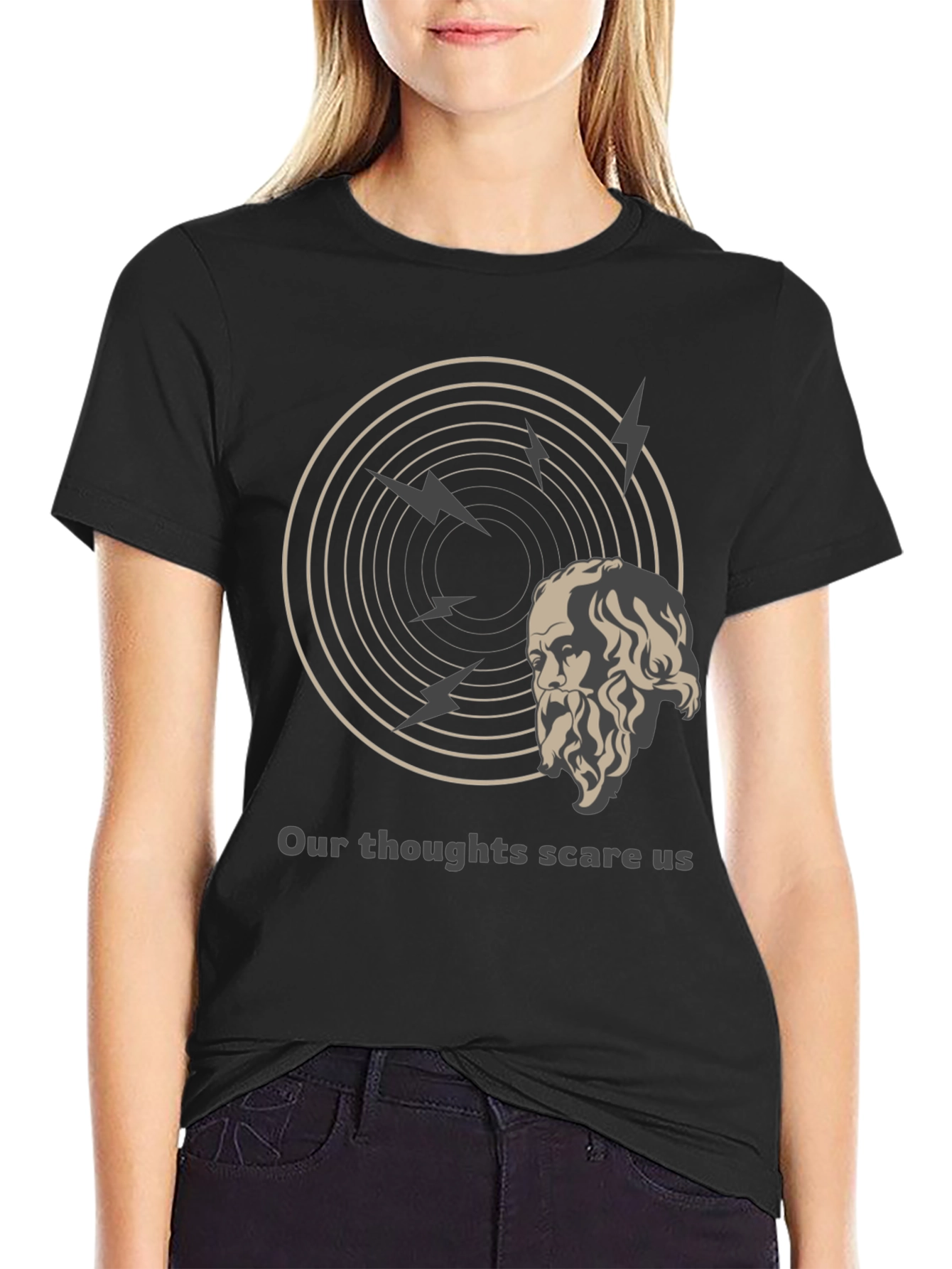 Black Philosophical T-Shirt: Our Thoughts Scare Us Tee view 2