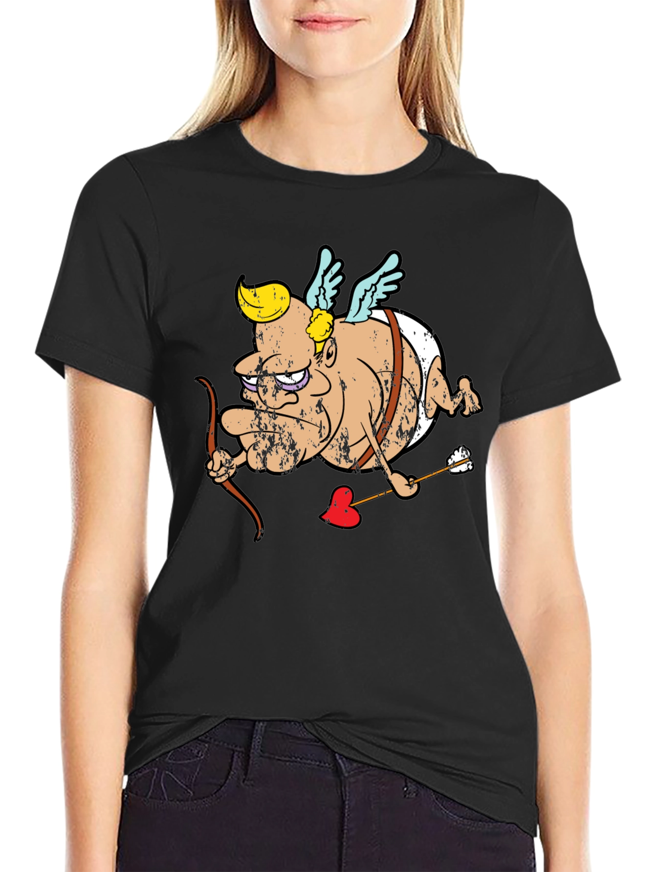 Black Cupid Cartoon Graphic T-Shirt - Black view 2