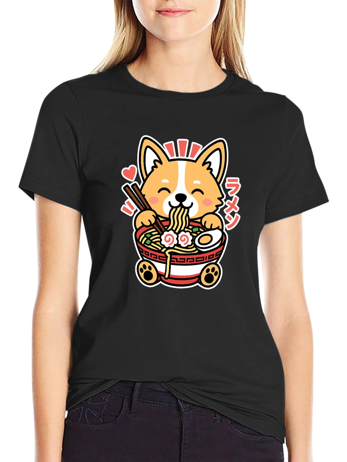 Black Corgi Ramen Graphic Tee - Kawaii Anime Shirt view 2