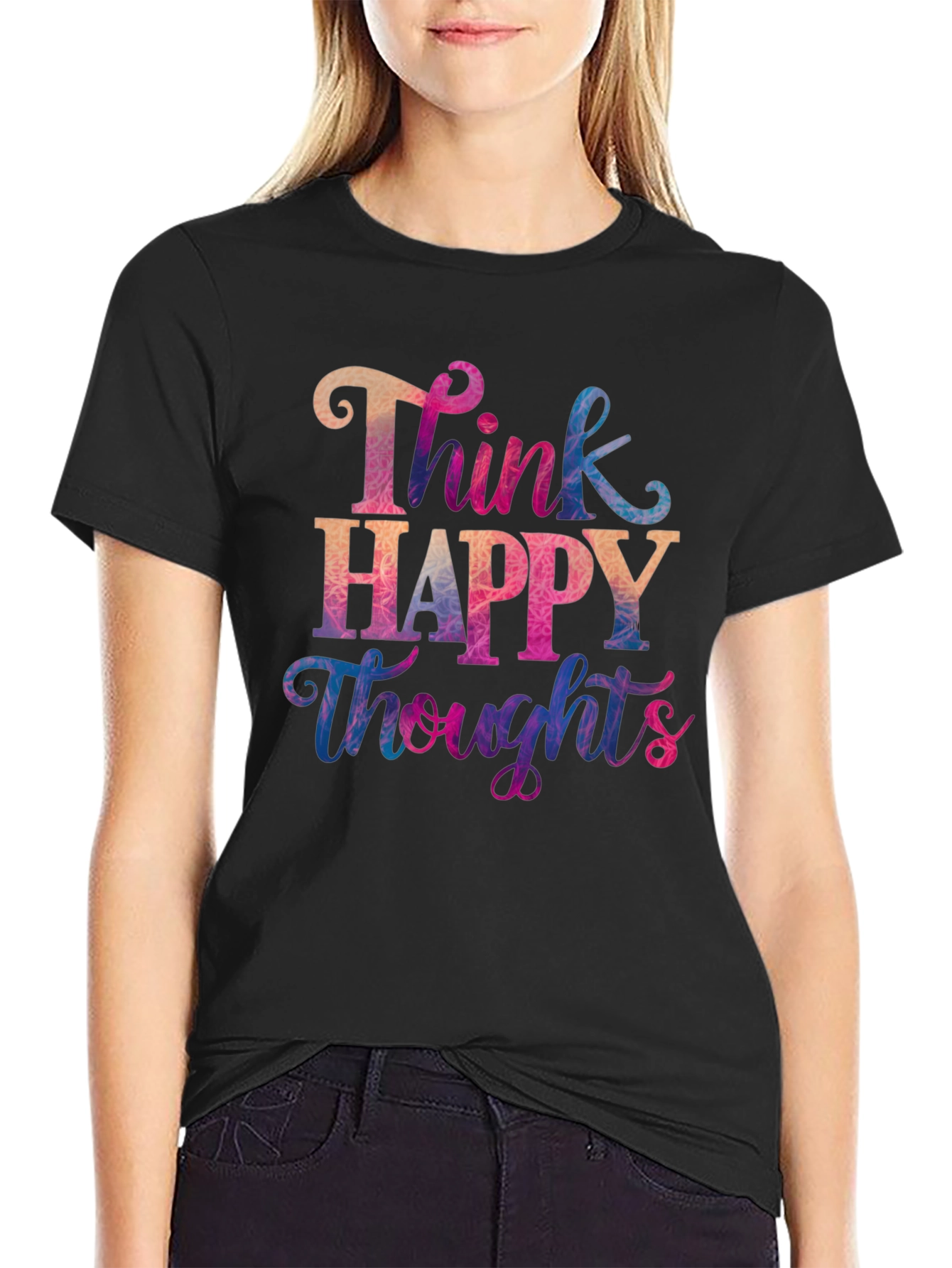 Black Think Happy Thoughts T-Shirt - Motivational Tee view 2