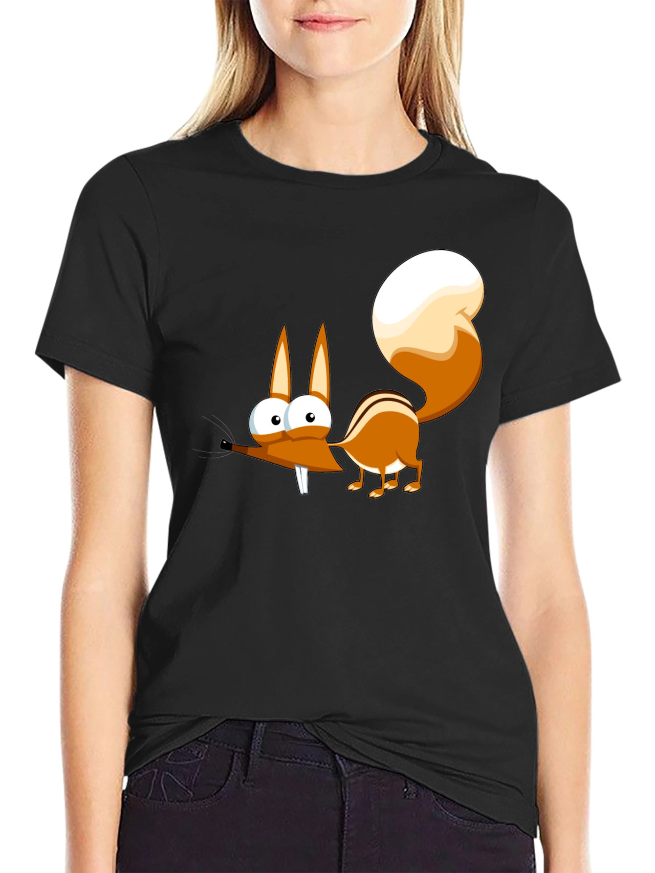 Black Funny Cartoon Squirrel Graphic T-Shirt view 2