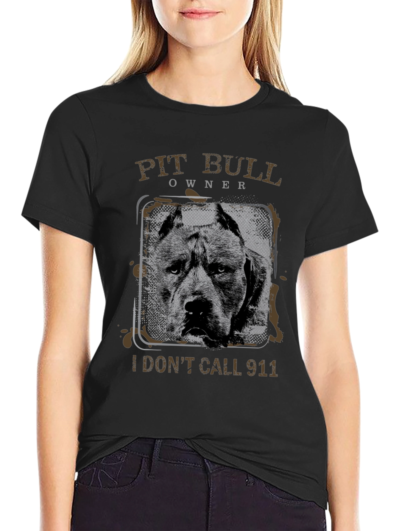 Black Pit Bull Owner T-Shirt - I Don't Call 911 view 2