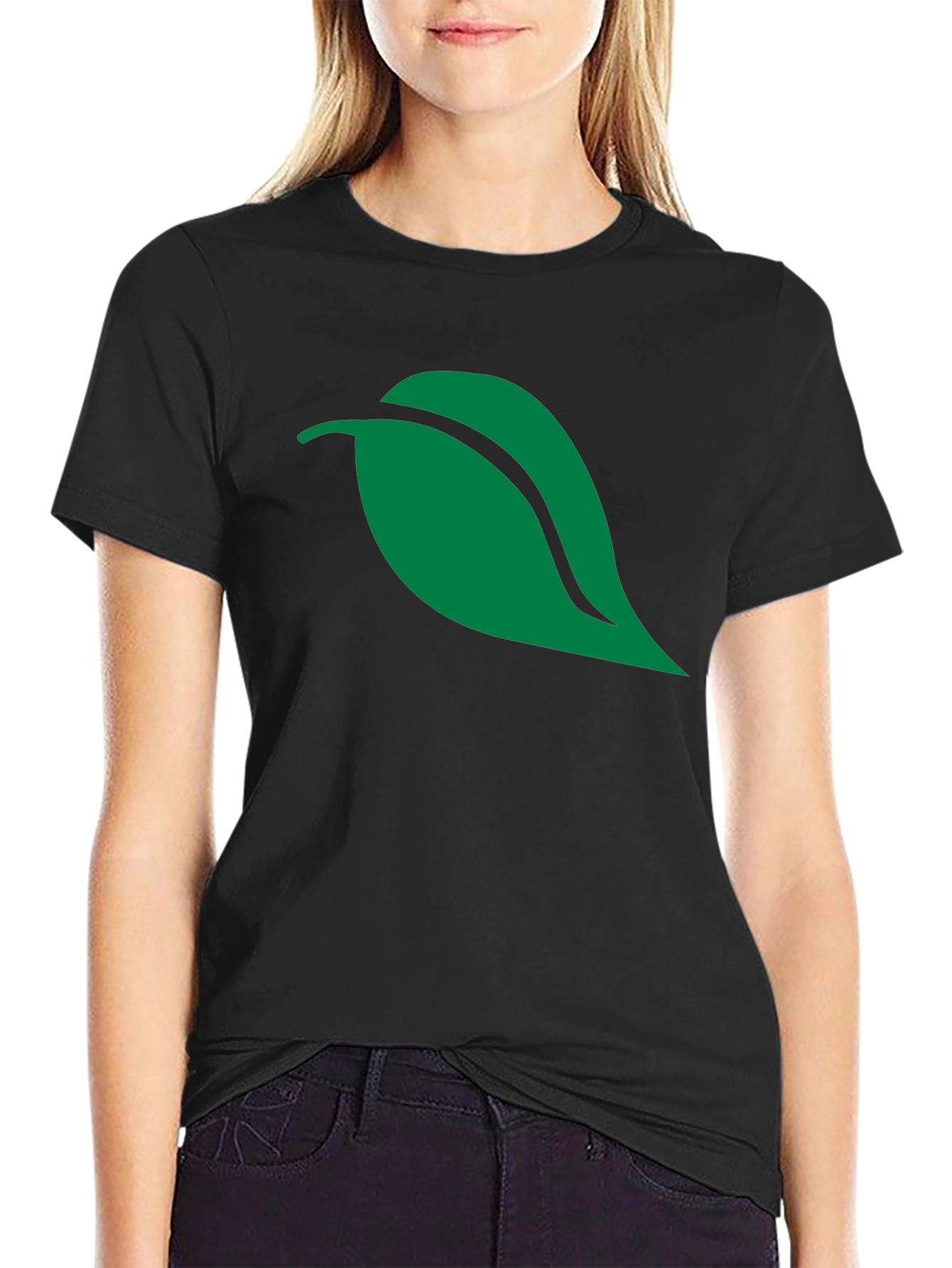 Black Green Leaf Graphic Black T-Shirt view 2