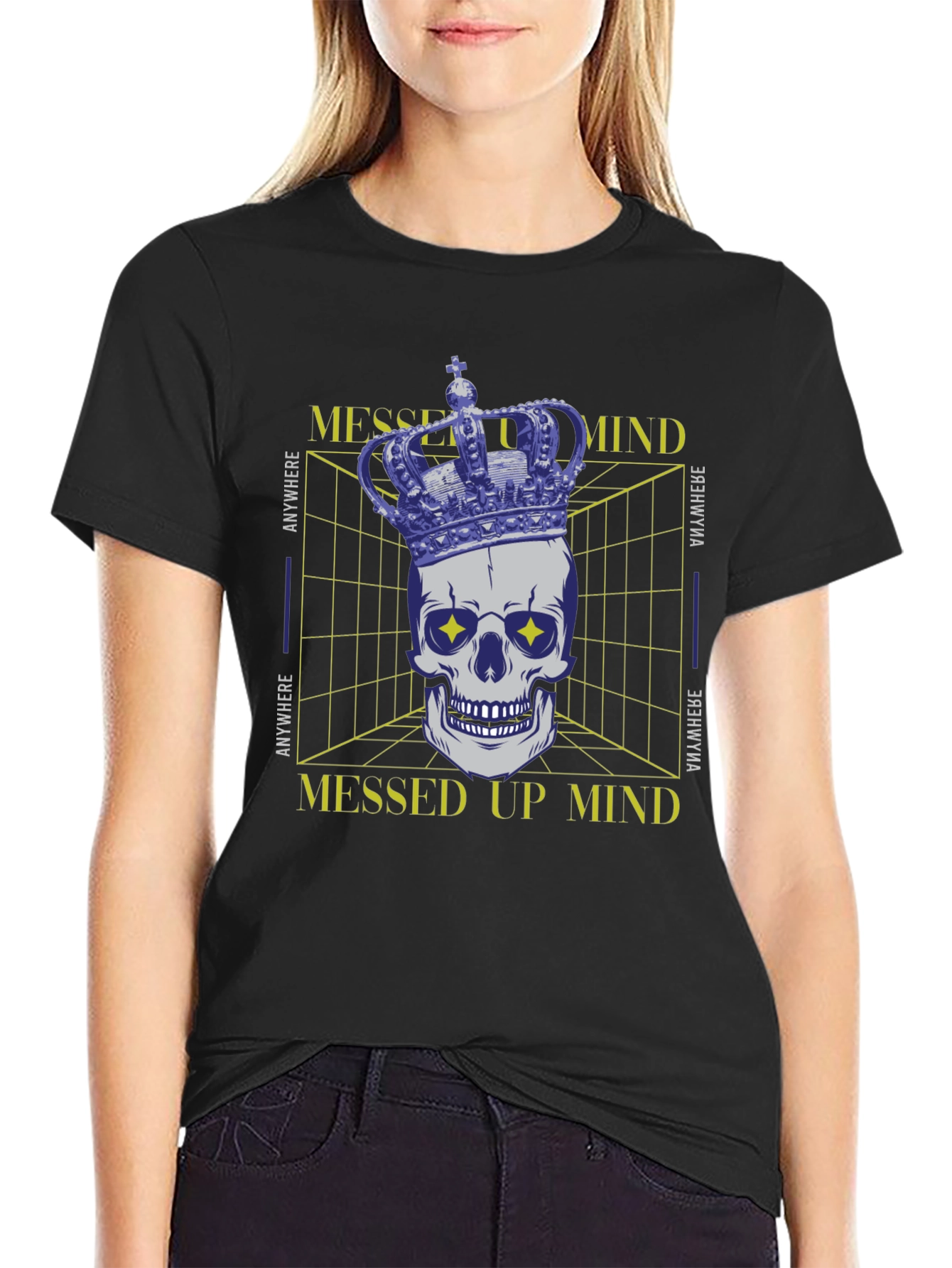 Black Messed Up Mind Graphic T-Shirt - Crown Skull Design view 2