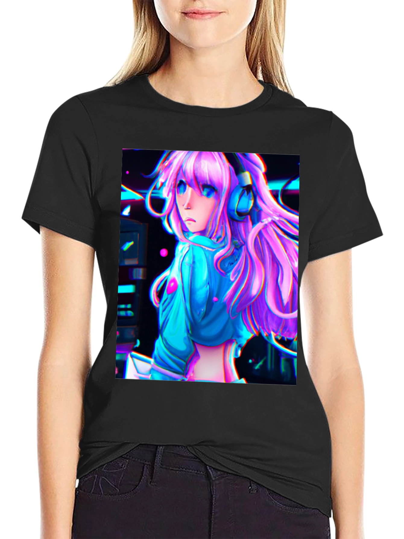 Black Anime Girl Graphic Tee - Black Cotton view 2