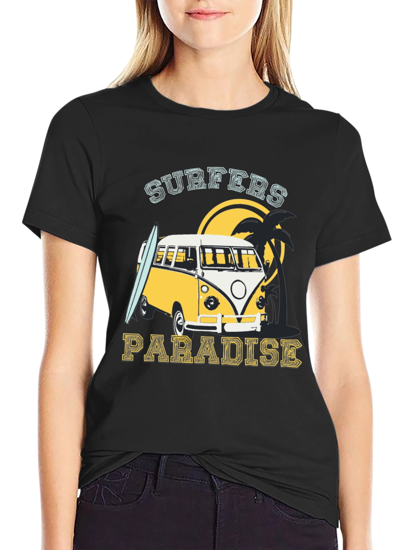 Black Surfers Paradise Tee - Retro Beach Van Design view 2