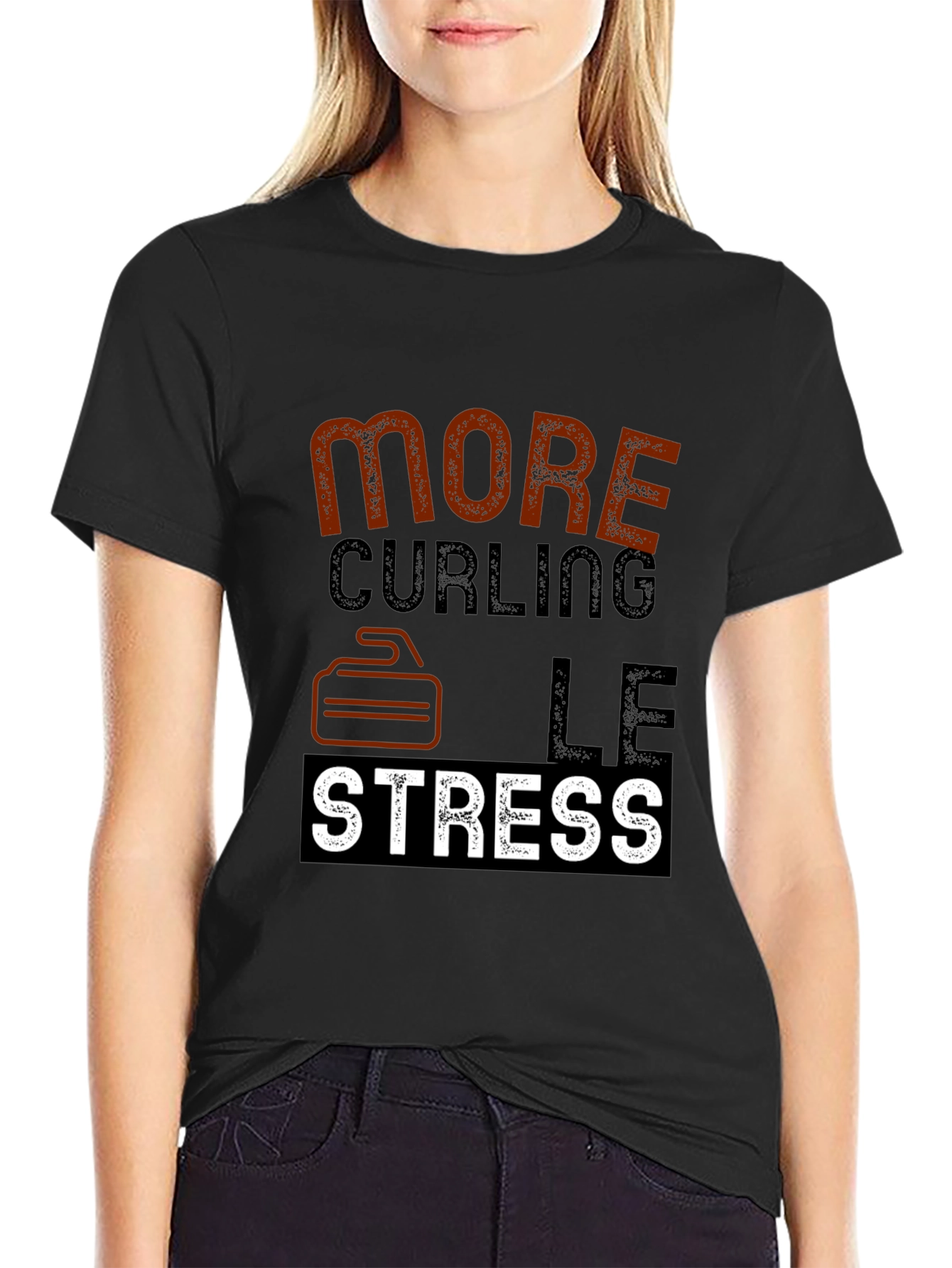 Black Curling T-Shirt - More Curling Less Stress - Novelty Tee view 2